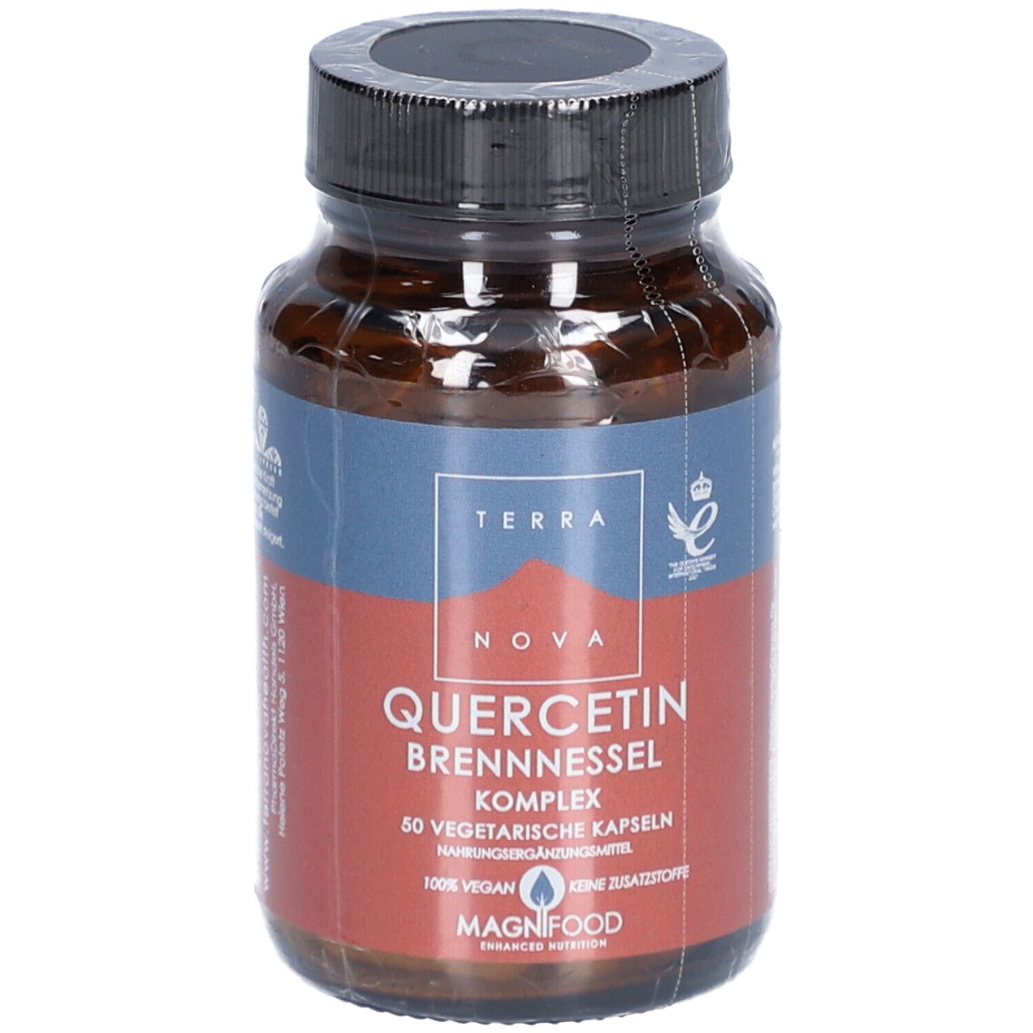 Braune Glasflasche mit Kapseln. Aufschrift: TERRANOVA Quercetin Brennnessel Komplex. 50 vegetarische Kapseln. 100% vegan.