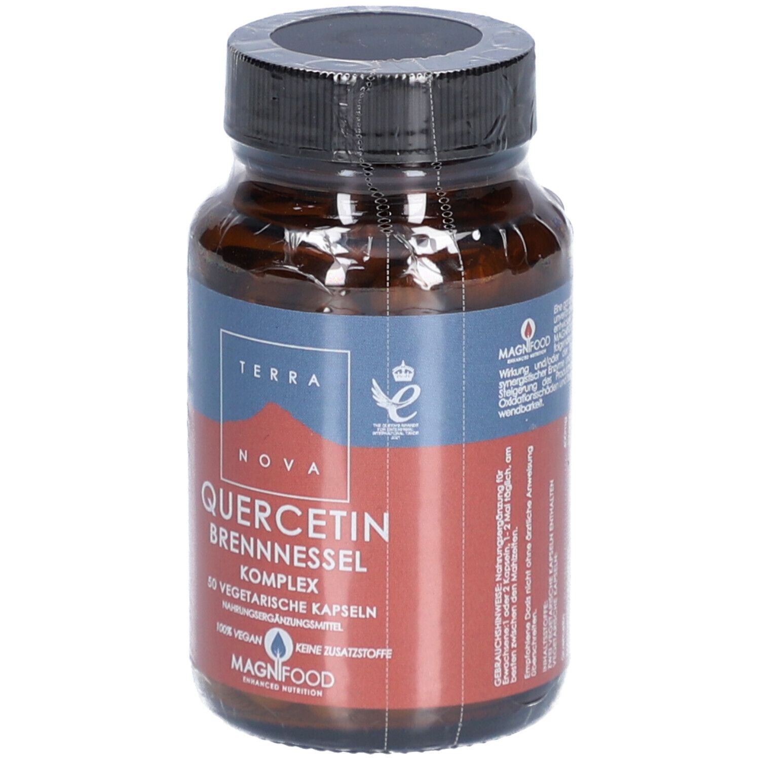 Braune Glasflasche mit Kapseln. Aufschrift: TERRANOVA Quercetin Brennnessel Komplex. 50 vegetarische Kapseln. 100% vegan.