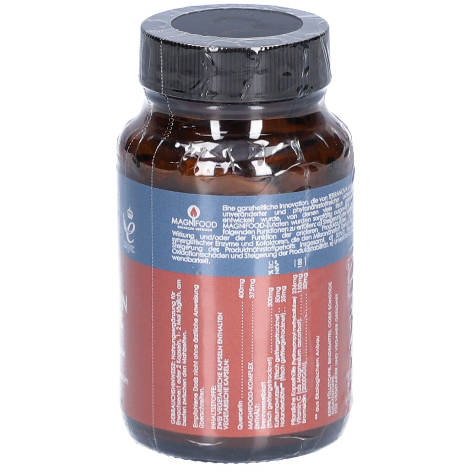 Rückseite der Flasche mit Text. Aufschrift: Quercetin Brennnessel Komplex. Inhaltsstoffe. 50 vegetarische Kapseln.
