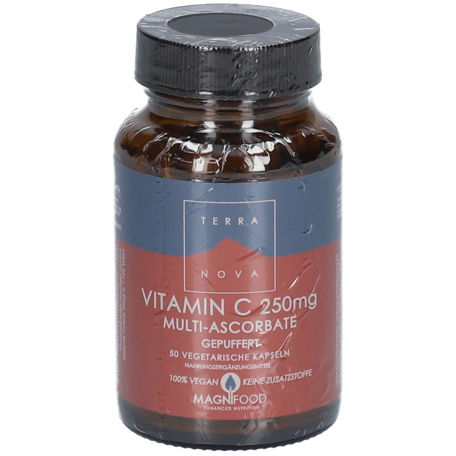 Flacon en verre brun avec bouchon noir. Étiquette "TERRA NOVA Vitamin C 250mg". 50 gélules végétales.