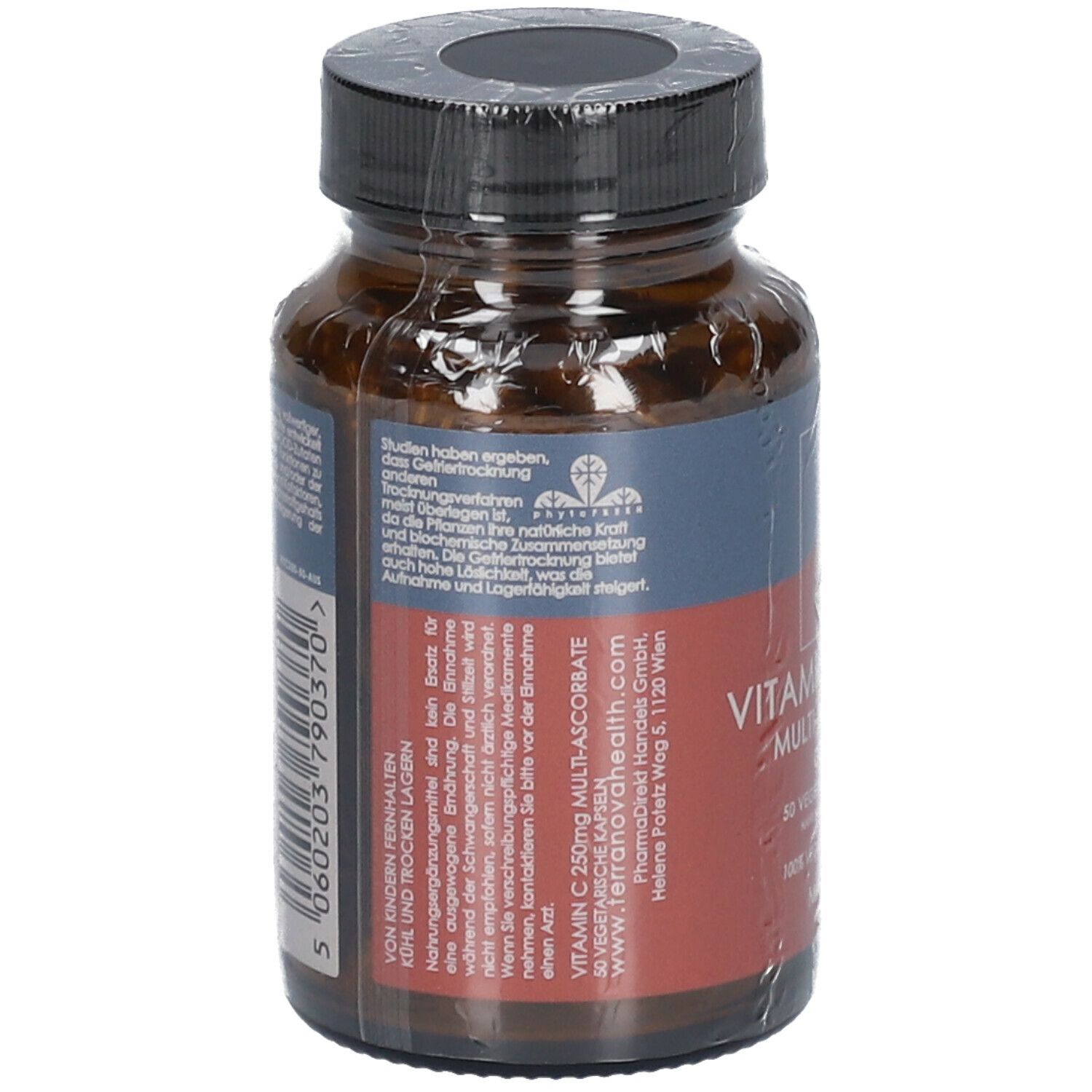 Dos du flacon en verre brun avec bouchon noir. Étiquette avec texte et code-barres. Informations produit.