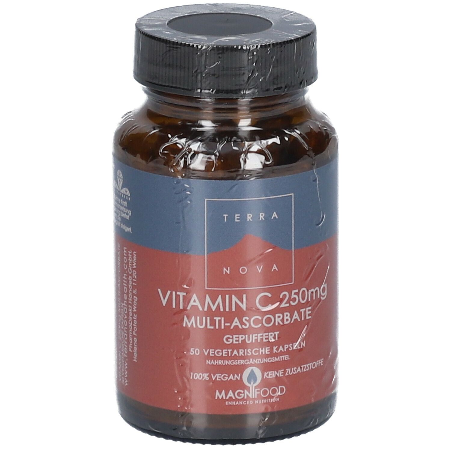 Flacon en verre brun avec bouchon noir. Étiquette "TERRA NOVA Vitamin C 250mg". 50 gélules végétales.