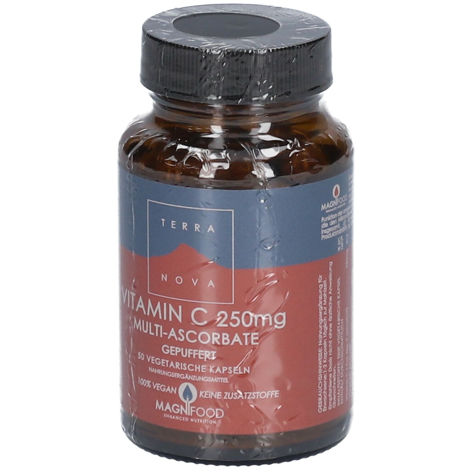 Flacon en verre brun avec bouchon noir. Étiquette "TERRA NOVA Vitamin C 250mg". 50 gélules végétales.