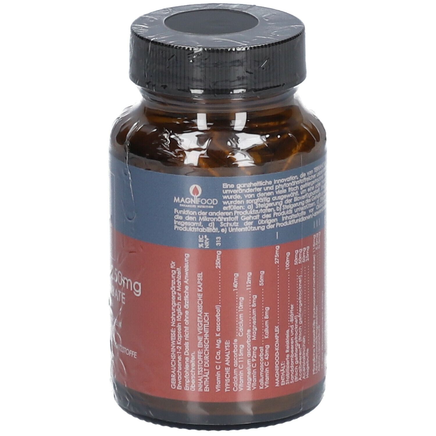 Dos du flacon en verre brun avec bouchon noir. Étiquette avec texte et informations nutritionnelles. Ingrédients.