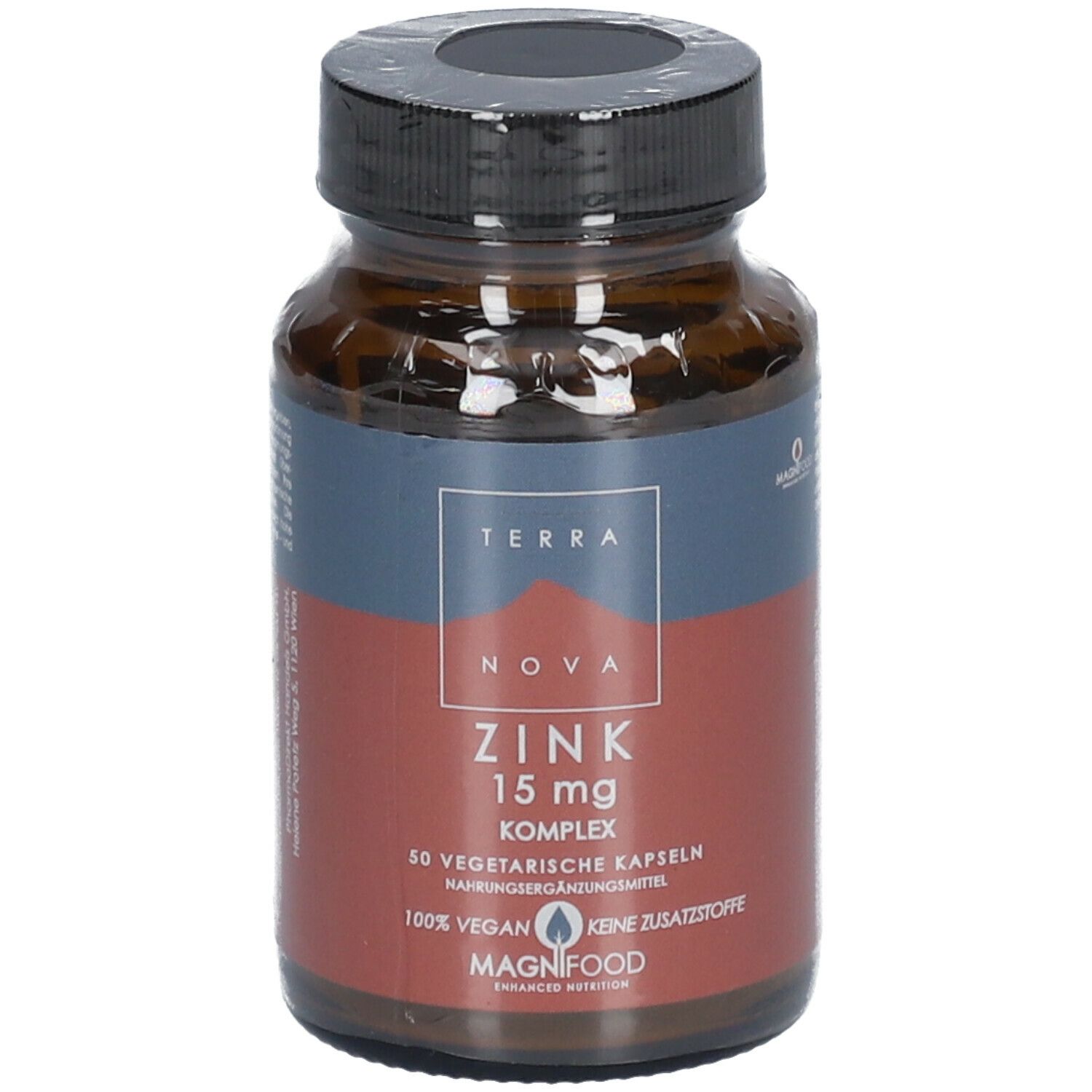 Braune Glasflasche mit schwarzem Deckel. Etikett mit "TERRA NOVA Zink 15 mg Komplex". 50 vegetarische Kapseln.