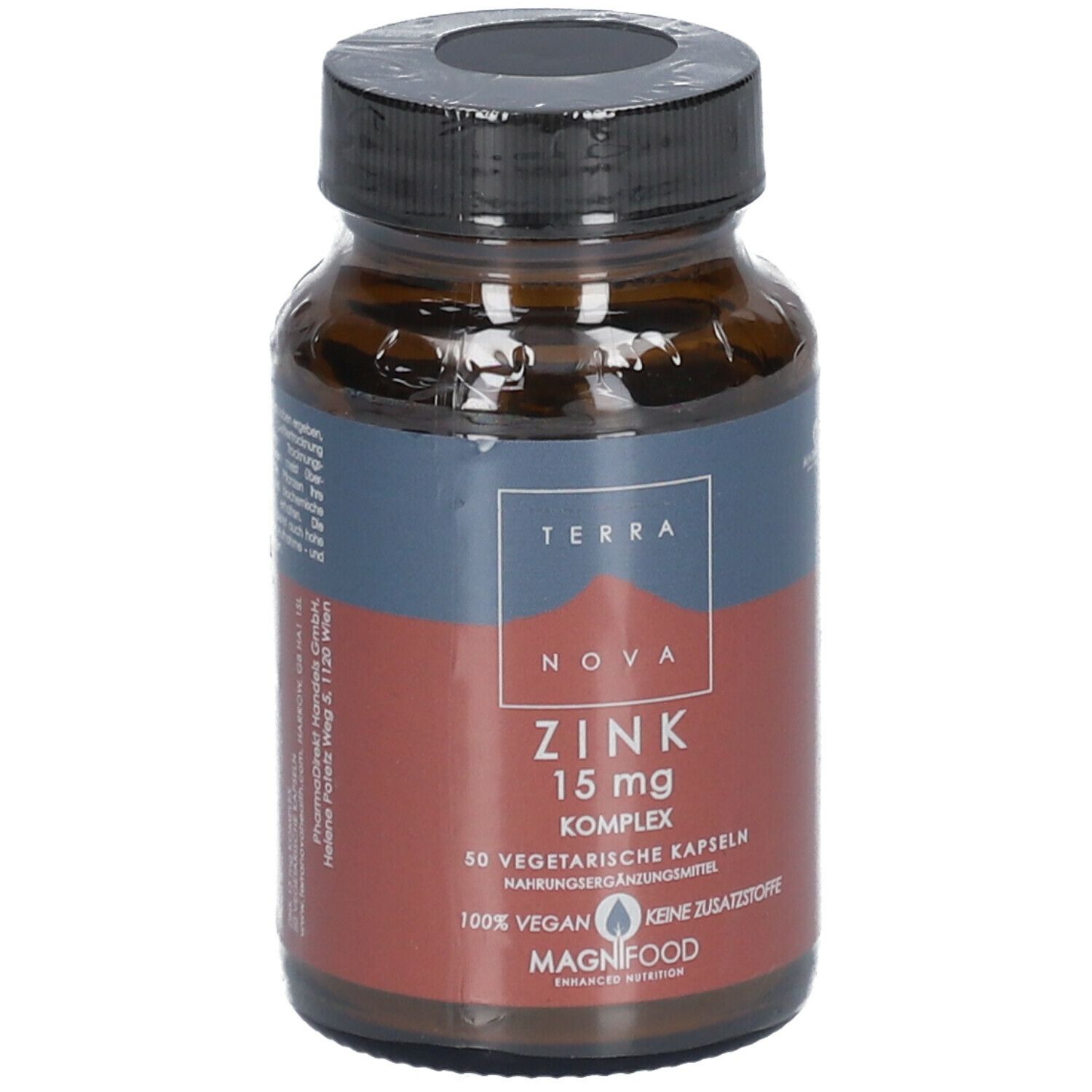 Braune Glasflasche mit schwarzem Deckel. Etikett mit "TERRA NOVA Zink 15 mg Komplex". 50 vegetarische Kapseln.