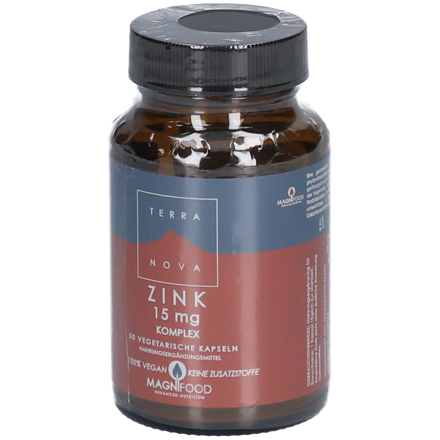 Braune Glasflasche mit schwarzem Deckel. Etikett mit "TERRA NOVA Zink 15 mg Komplex". 50 vegetarische Kapseln.