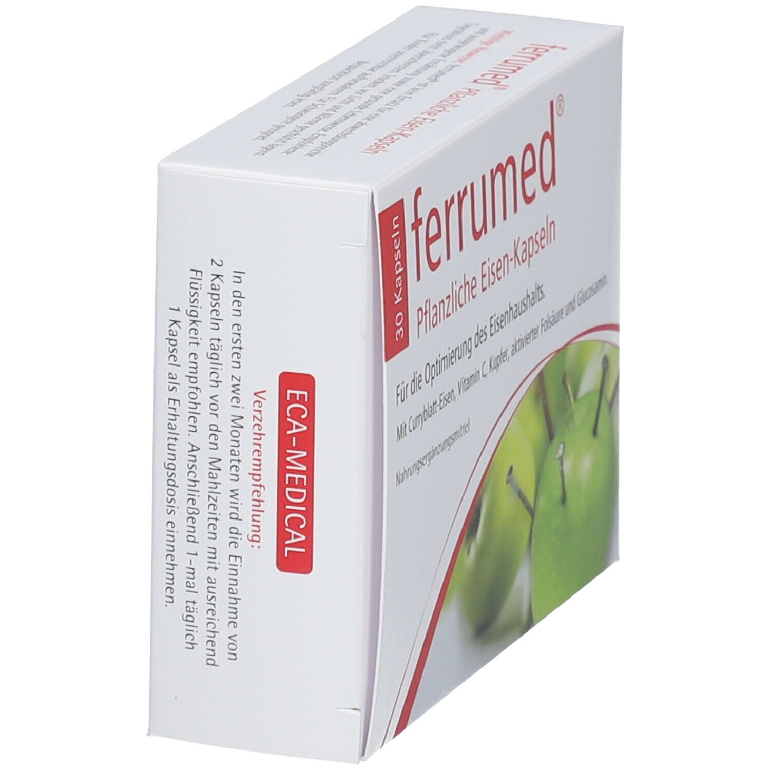 Schräg gestellte weiße Schachtel mit "ferrumed® Pflanzliche Eisen-Kapseln". 30 Kapseln. Abbildung von Äpfeln mit Nägeln.