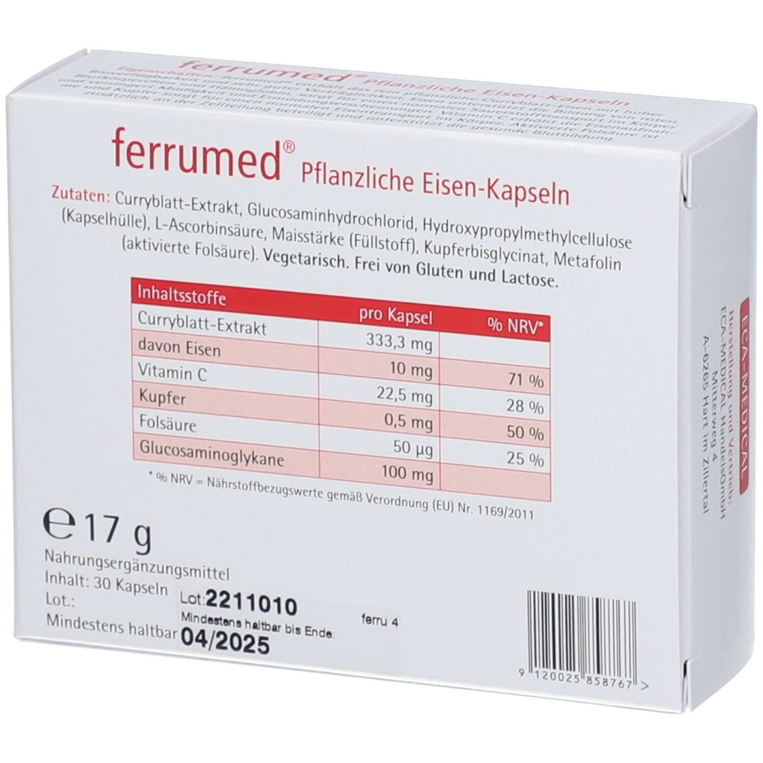 Rückseite der weißen Schachtel "ferrumed® Pflanzliche Eisen-Kapseln". Zutatenliste und Nährwertangaben. 30 Kapseln.