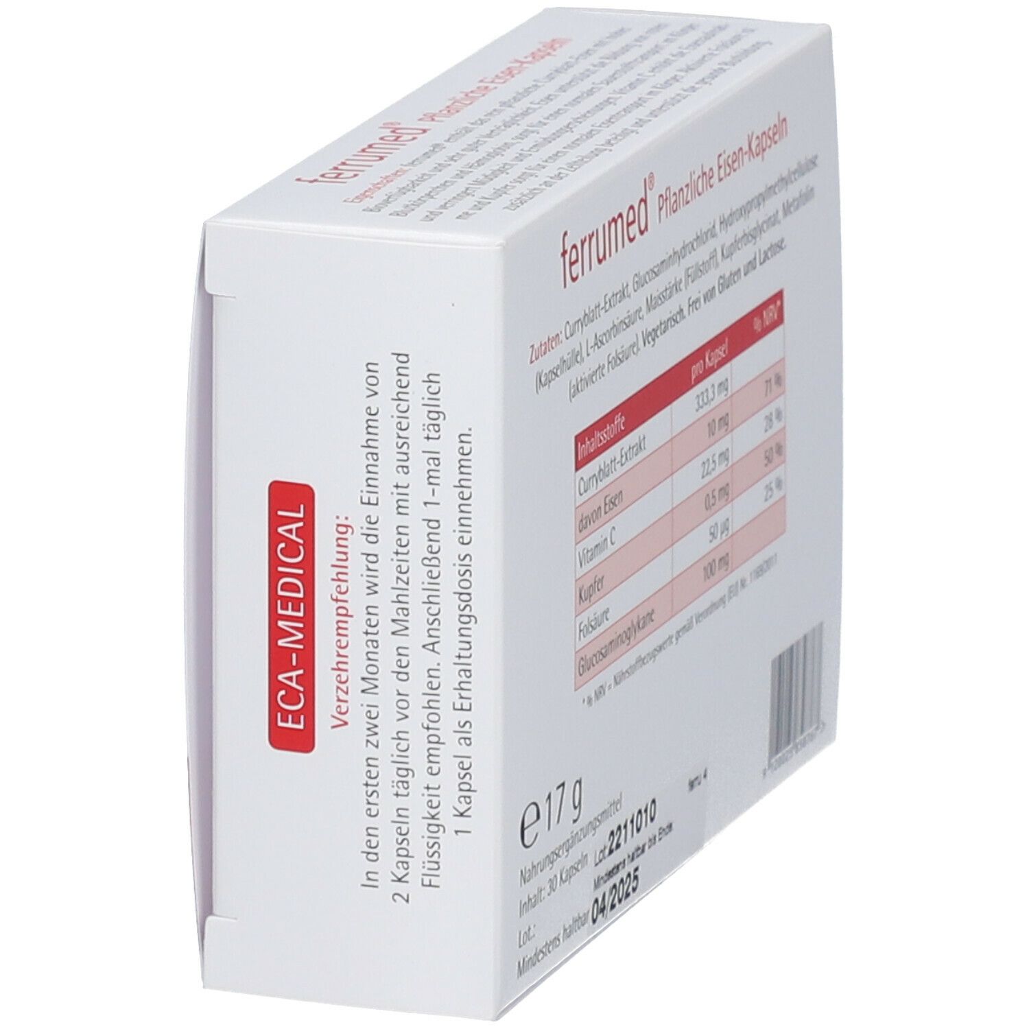 Schräg gestellte Rückseite der weißen Schachtel "ferrumed® Pflanzliche Eisen-Kapseln". Zutatenliste und Nährwertangaben. 30 Kapseln.