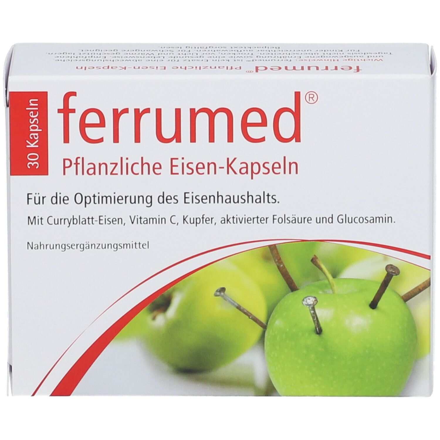 Weiße Schachtel "ferrumed® Pflanzliche Eisen-Kapseln". 30 Kapseln. Abbildung von Äpfeln mit Nägeln. Rote Banderole.