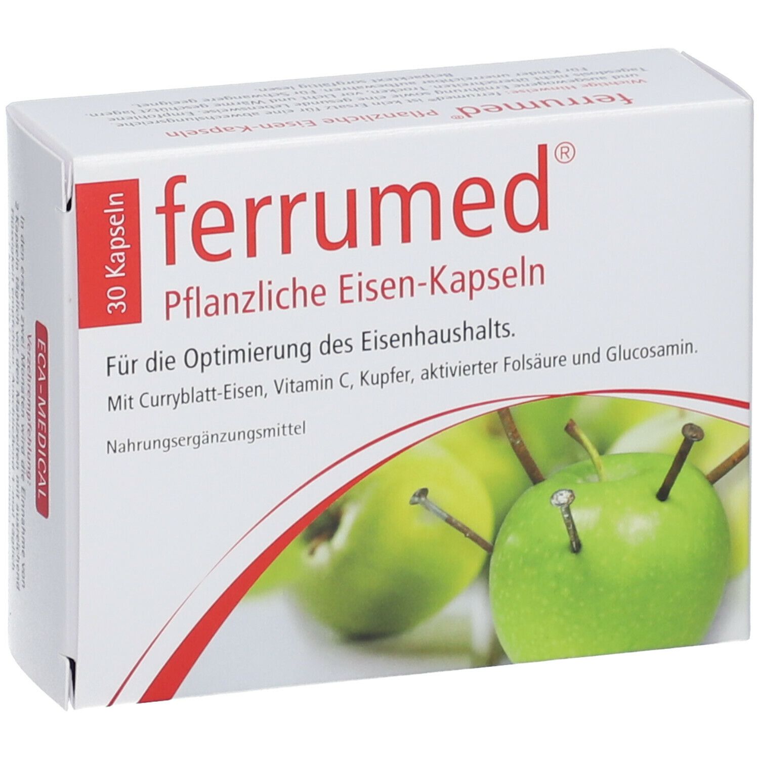 Weiße Schachtel "ferrumed® Pflanzliche Eisen-Kapseln". 30 Kapseln. Abbildung von Äpfeln mit Nägeln. Rote Banderole.