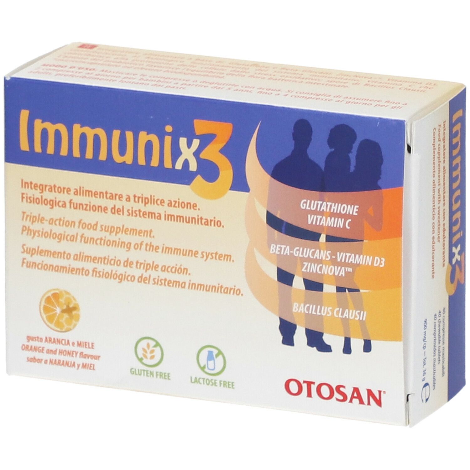 Karton von Immunix3. Blaue und weiße Verpackung mit Produktnamen und Inhaltsstoffen. Gluten- und laktosefrei.