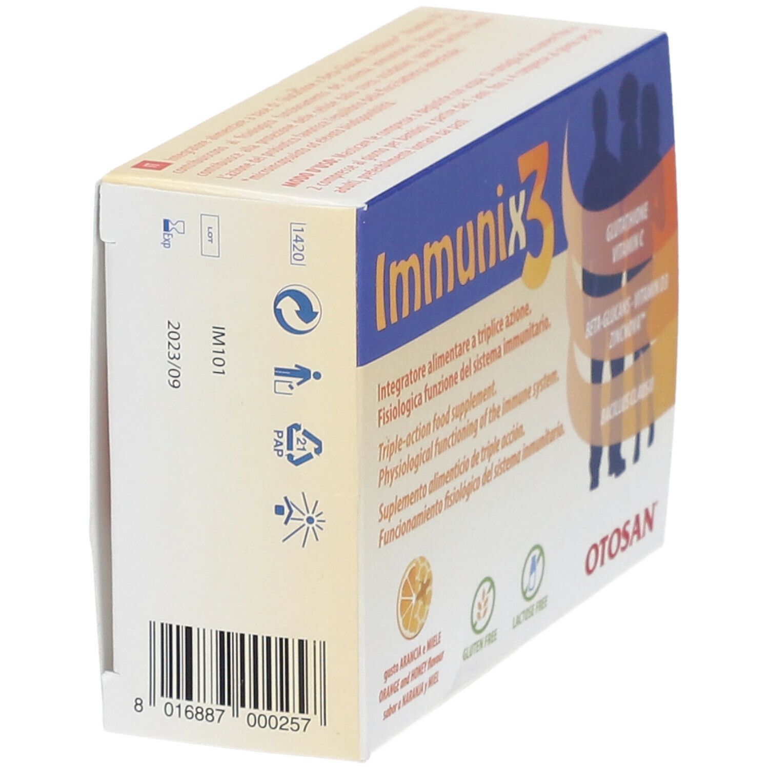 Seitenansicht der Immunix3-Verpackung. Barcode, Haltbarkeitsdatum und Recycling-Symbole sind sichtbar.