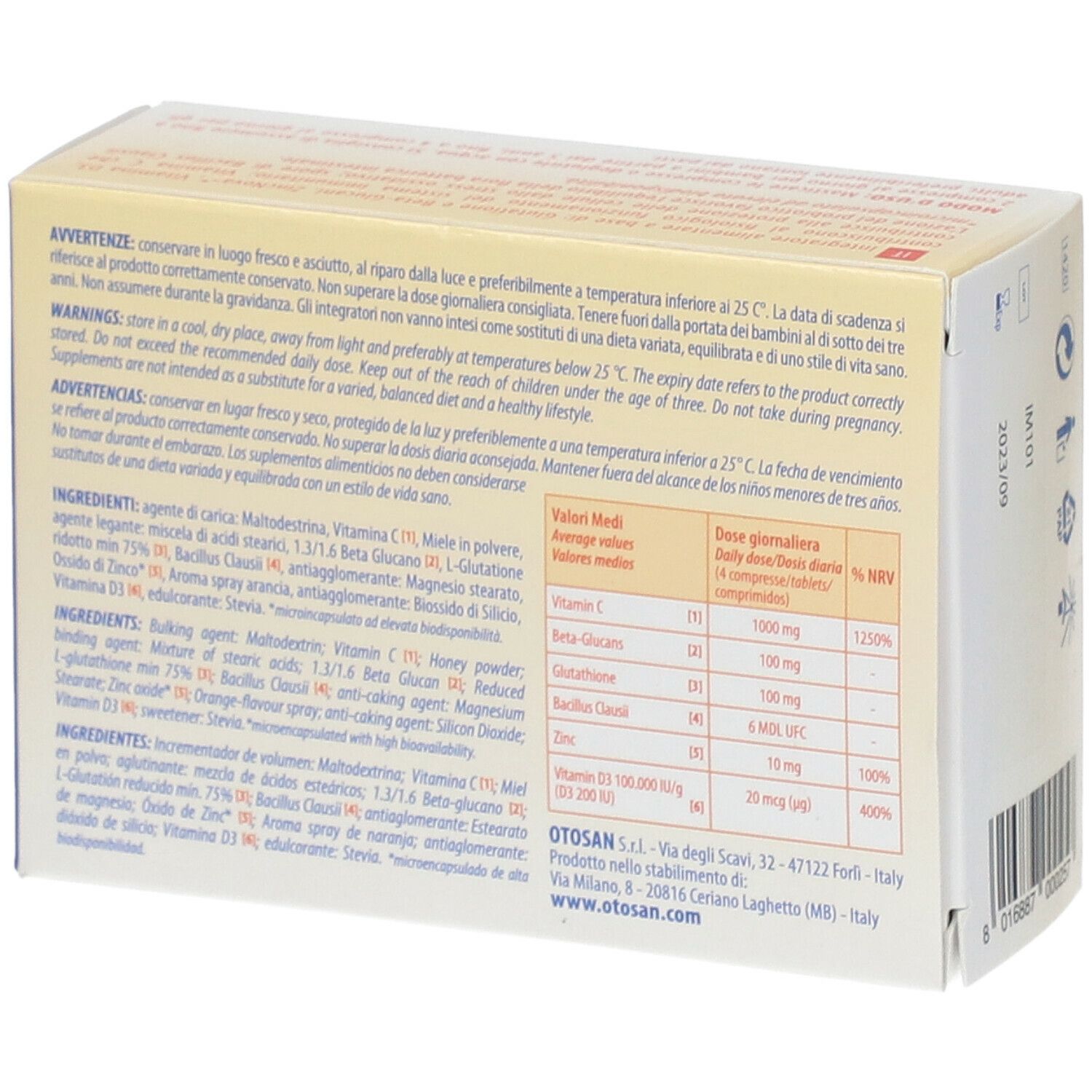 Rückseite der Immunix3-Verpackung. Enthält Informationen zu Inhaltsstoffen und Nährwerten.
