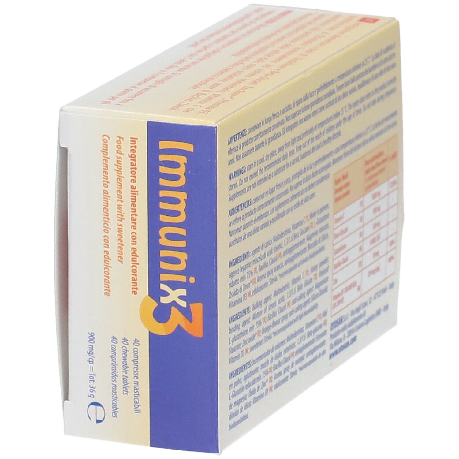 Immunix3-Verpackung, schräg. Enthält Informationen über die Inhaltsstoffe und die Dosierung.