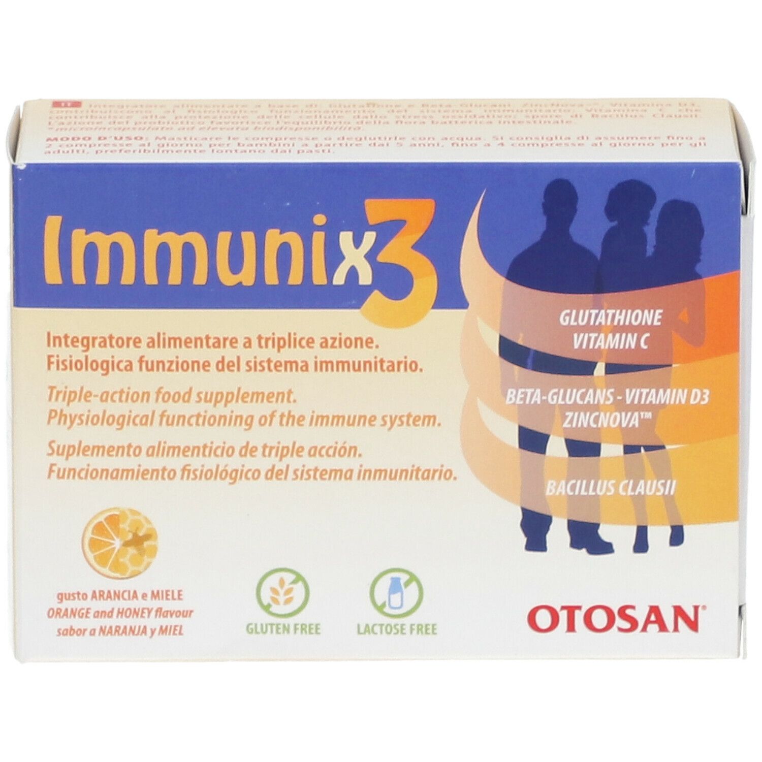 Immunix3-Verpackung. Blaue und weiße Verpackung mit Produktnamen und Inhaltsstoffen. Gluten- und laktosefrei.