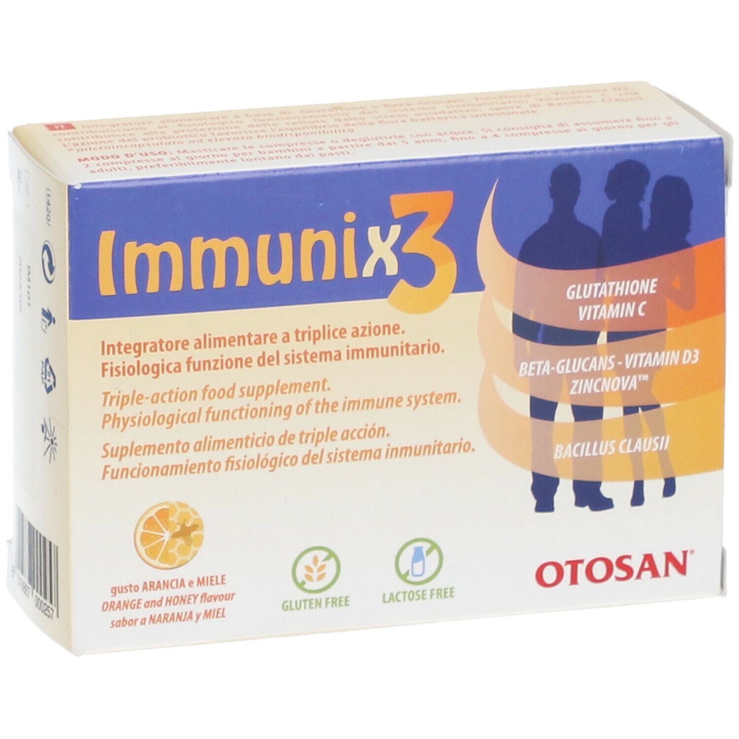 Immunix3-Verpackung. Blaue und weiße Verpackung mit Produktnamen und Inhaltsstoffen. Gluten- und laktosefrei.