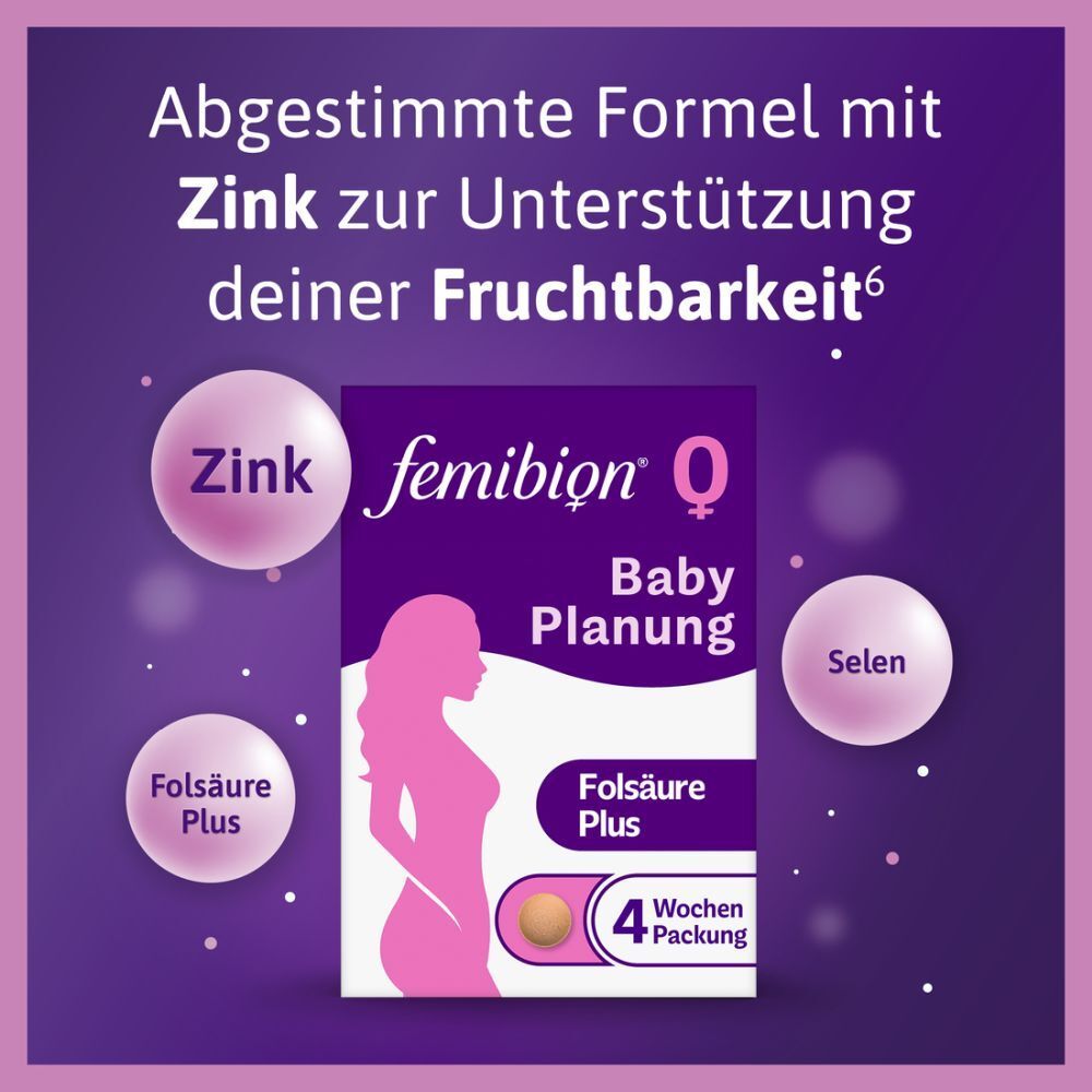 Grafik mit Femibion® 0 BabyPlanung Packung. Zink, Selen und Folsäure Plus. Lila Hintergrund mit Text.