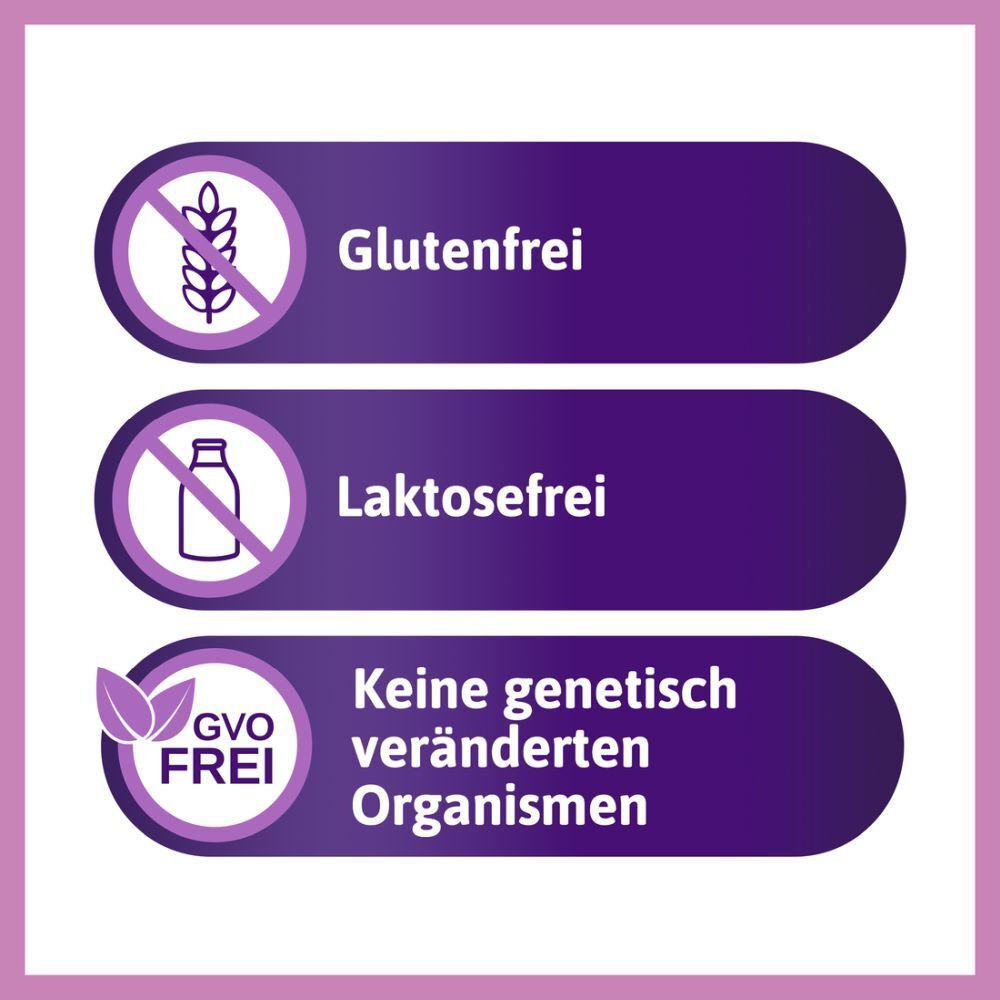 Grafik mit Symbolen. Glutenfrei, laktosefrei und ohne gentechnisch veränderte Organismen.