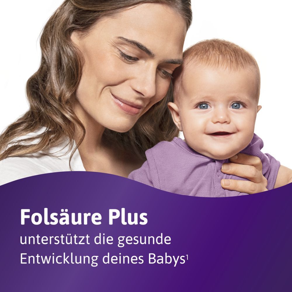 Frau hält Baby. Baby trägt lila Kleidung. Text: Folsäure Plus unterstützt die gesunde Entwicklung.