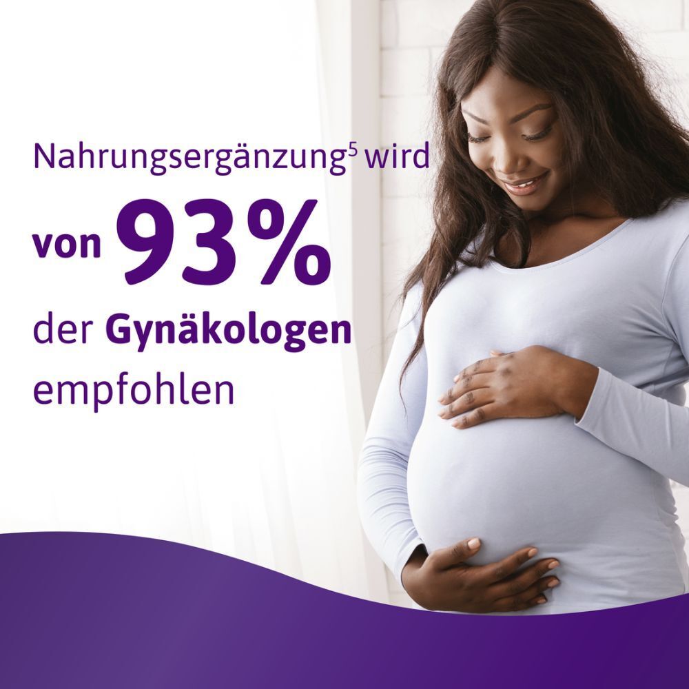 Schwangere Frau hält Bauch. Text: 93% der Gynäkologen empfehlen Nahrungsergänzung.