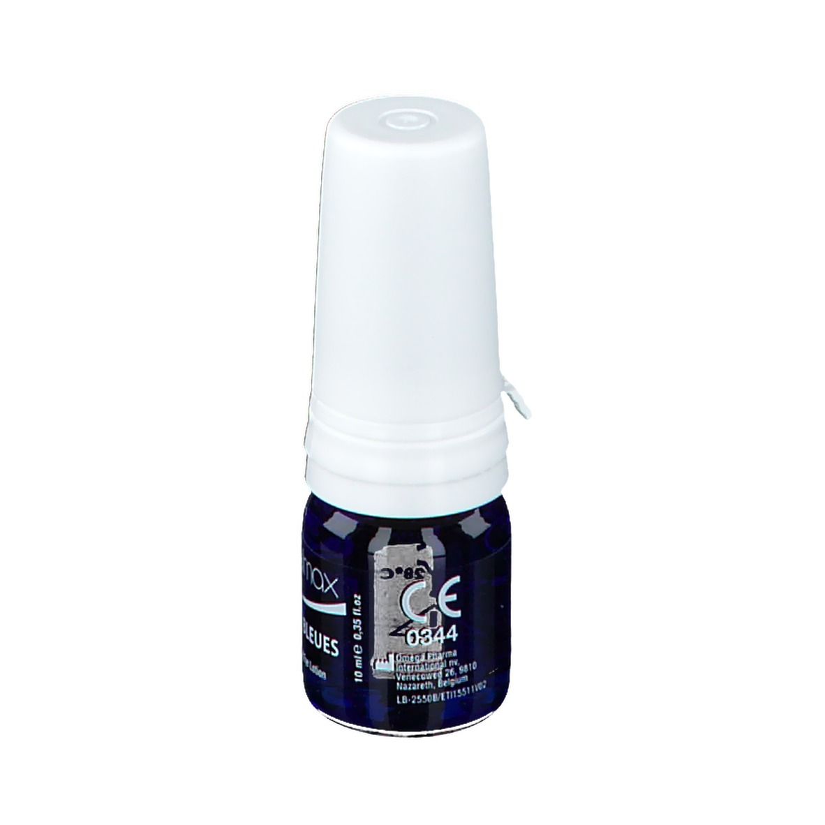 Augentropfen-Fläschchen mit weißem Verschluss. Aufschrift: Opticalmax, Gouttes Bleues, Sterile Hydrating Eye Lotion. CE-Kennzeichnung.