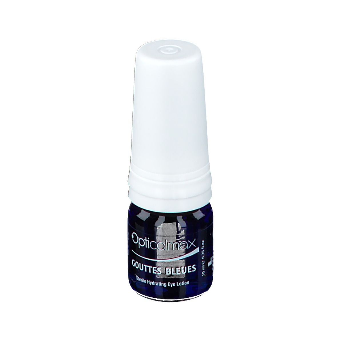 Augentropfen-Fläschchen mit weißem Verschluss. Aufschrift: Opticalmax, Gouttes Bleues, Sterile Hydrating Eye Lotion. Volumenangabe.