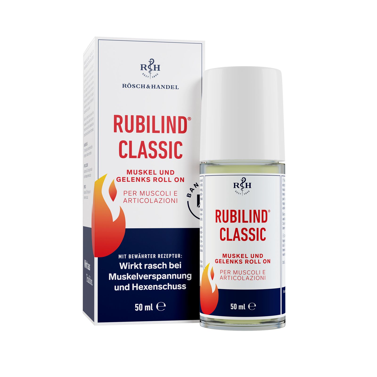RUBILIND® CLASSIC Roll-On und Verpackung. Weißes Fläschchen mit Roll-On-Applikator und Karton. Rote und weiße Schrift.