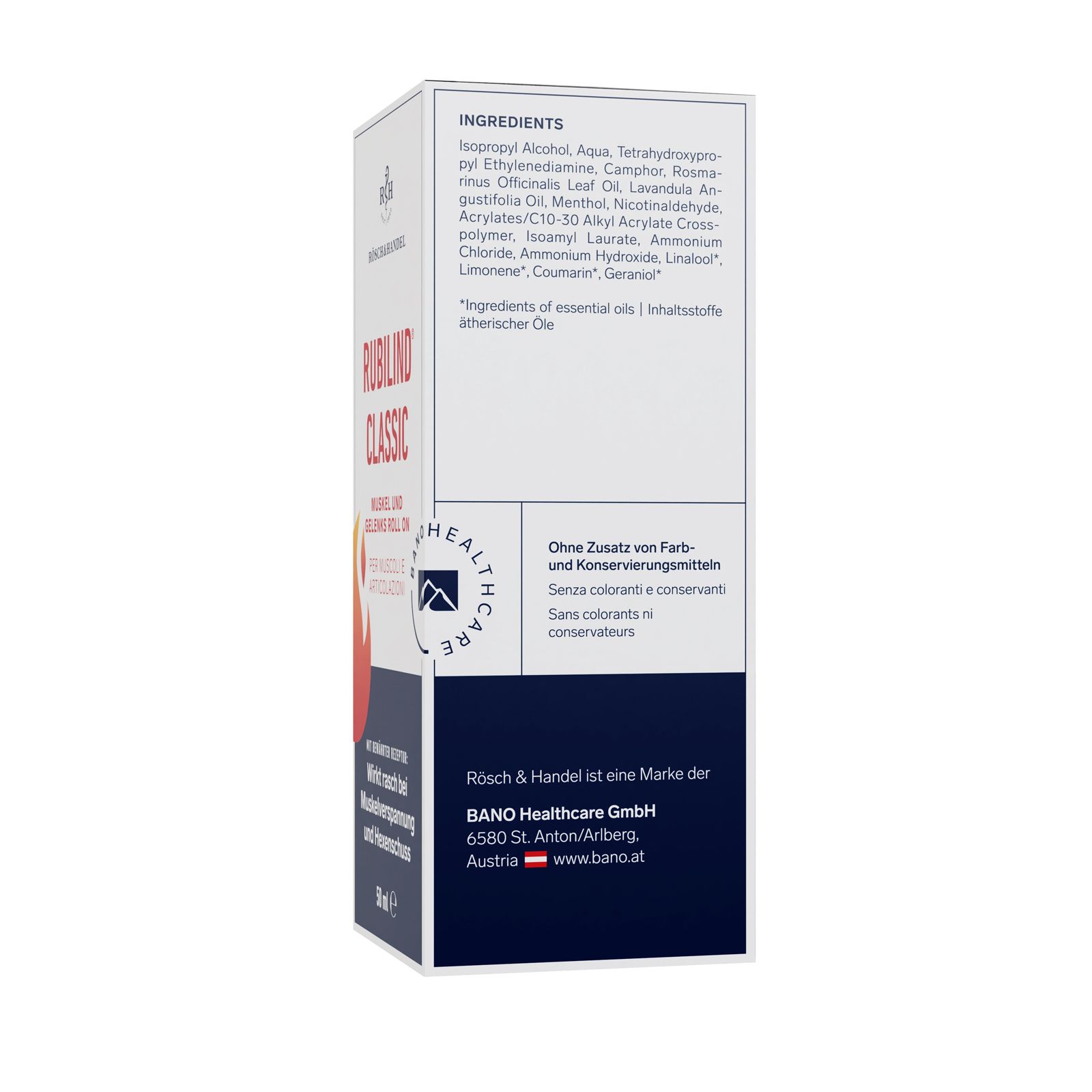 Verpackung von RUBILIND® CLASSIC. Enthält Inhaltsstoffe und Informationen. Weißer Karton mit blauen und roten Details.