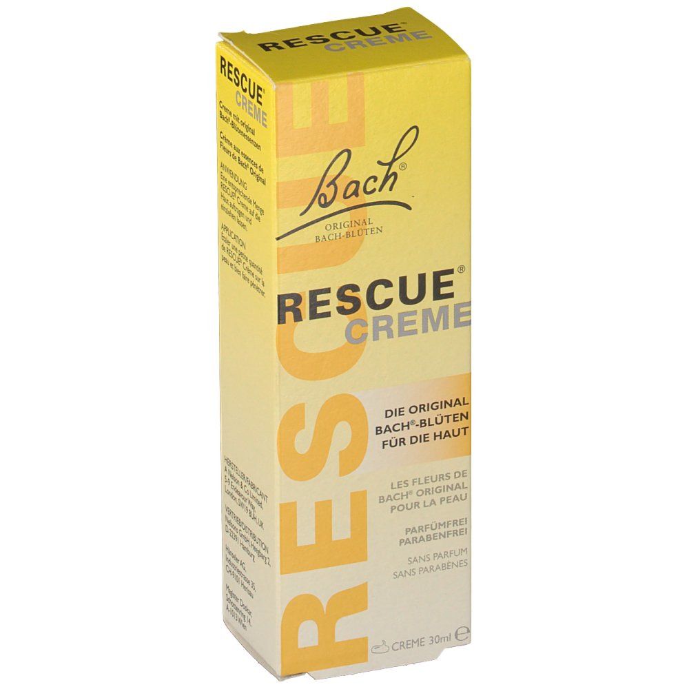 Gelbe Schachtel mit "Bach RESCUE Creme" Schriftzug. Enthält "Original Bach-Blüten".