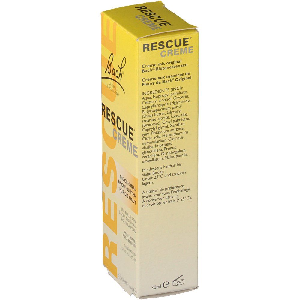 Seitenansicht der gelben "Bach RESCUE Creme" Schachtel. Enthält Inhaltsstoffe und Hinweise.