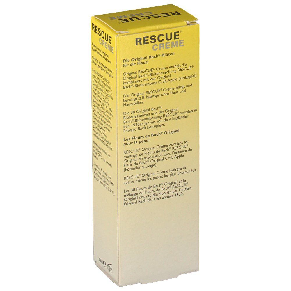 Rückseite der gelben "Bach RESCUE Creme" Schachtel. Text über die Creme und Bach-Blüten.