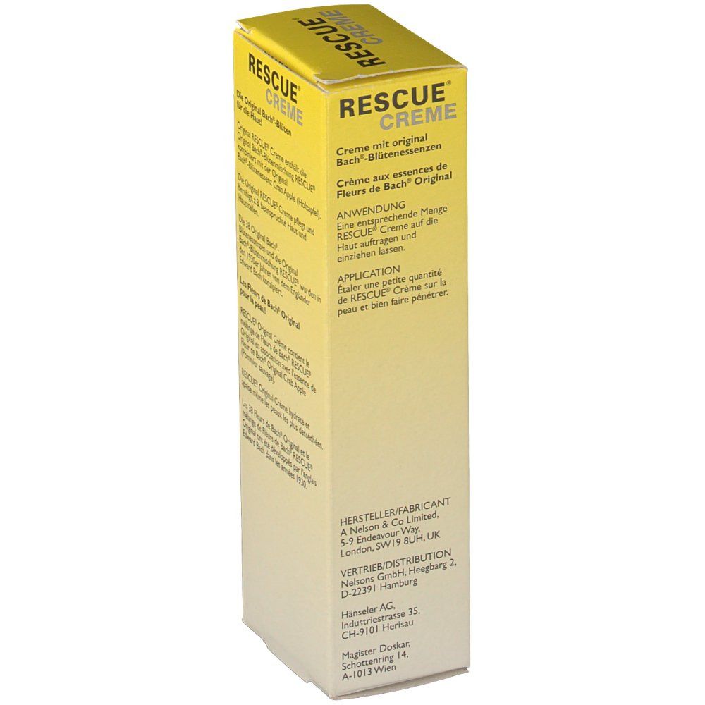 Seite der gelben "Bach RESCUE Creme" Schachtel mit Anwendungs- und Herstellerinformationen.