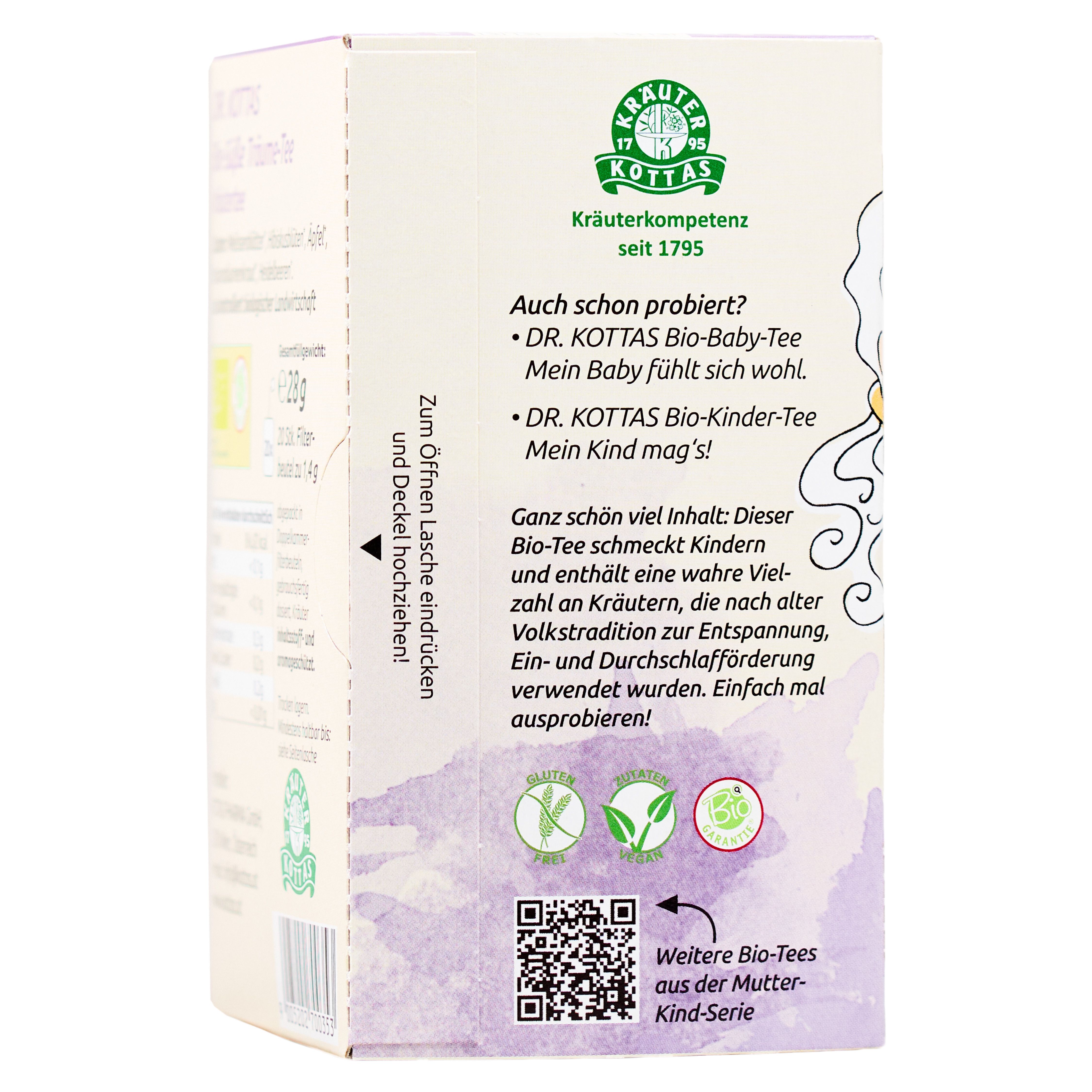 Rückseite der DR. KOTTAS Bio-Süße Träume Tee Verpackung mit Kräuterkompetenz-Logo und Produktinformationen.