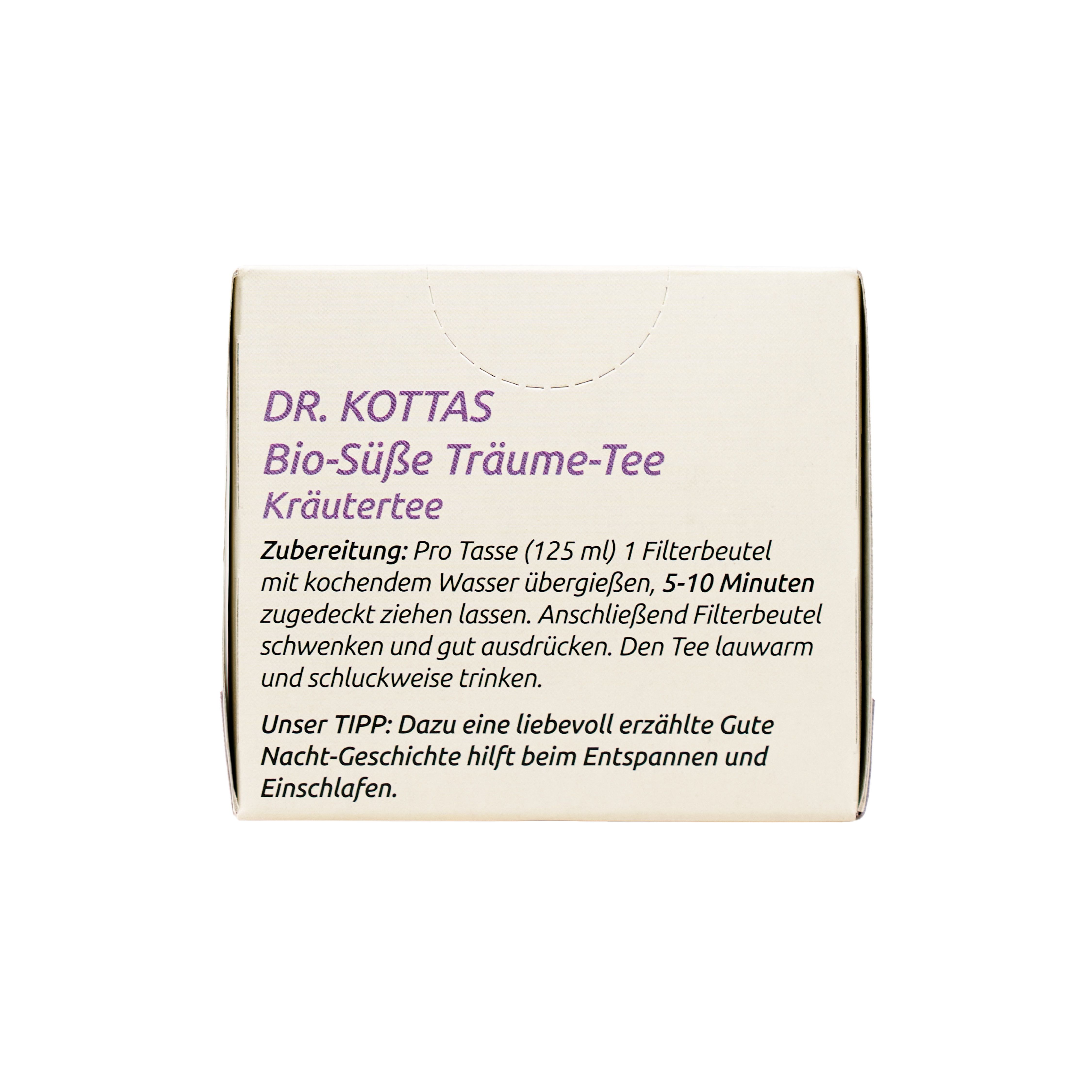 Seitenansicht der DR. KOTTAS Bio-Süße Träume Tee Verpackung mit Zubereitungshinweisen und Produktnamen.