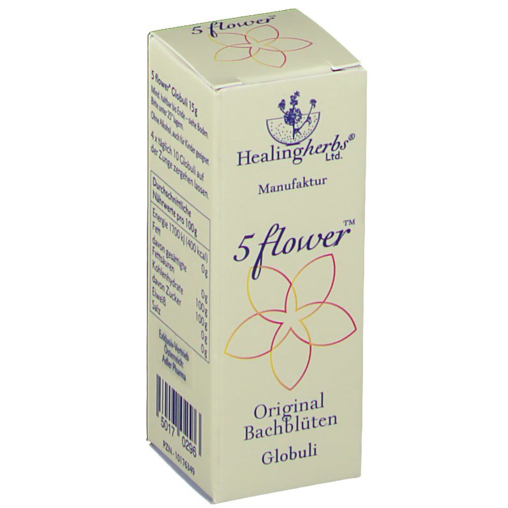 Beige Schachtel mit "5 flower" und "Original Bachblüten Globuli" Schriftzug. Logo von Healingherbs® Ltd. Manufaktur.