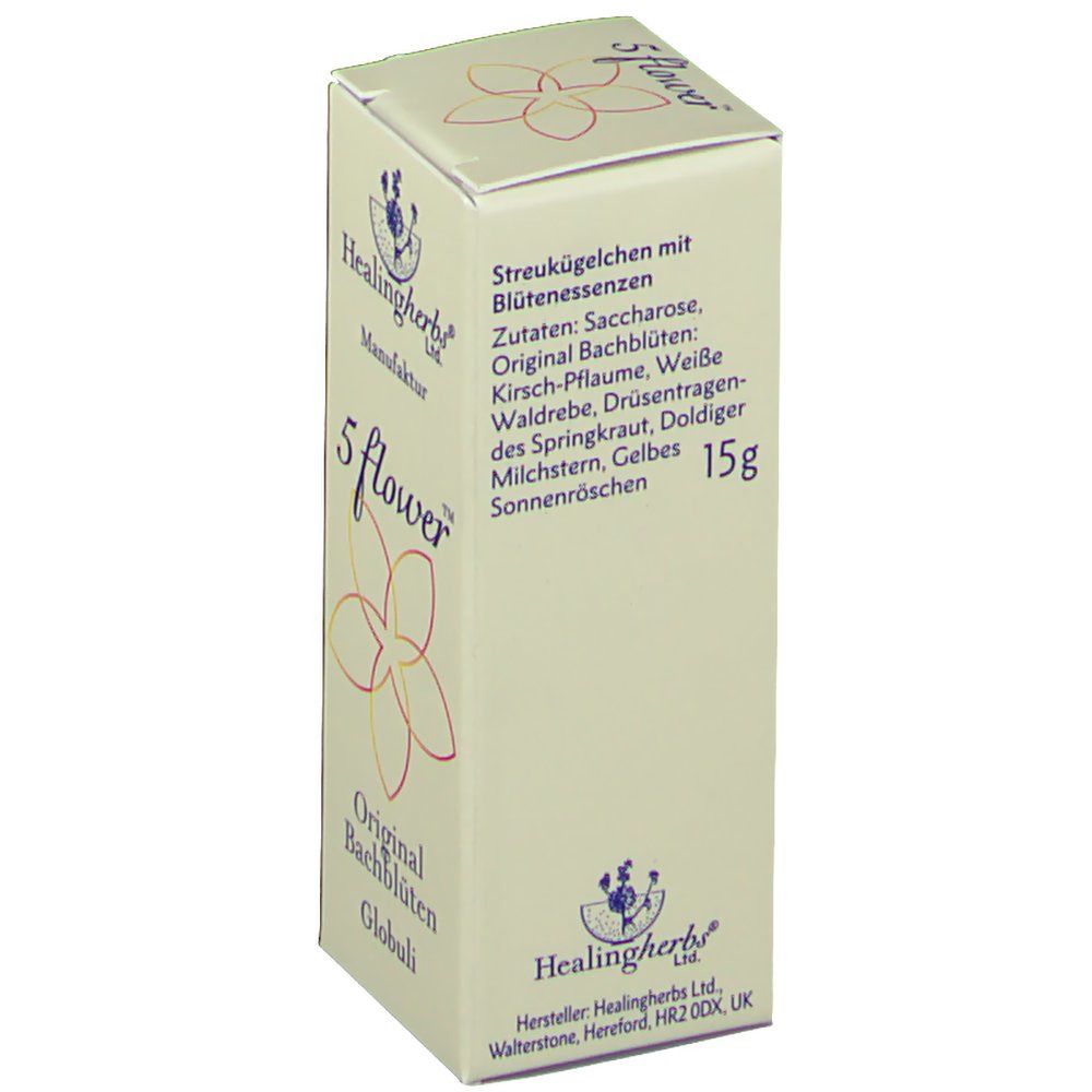Beige Schachtel mit "5 flower" und "Original Bachblüten Globuli". Logo Healingherbs® Ltd. Manufaktur. Zutatenliste und 15g.