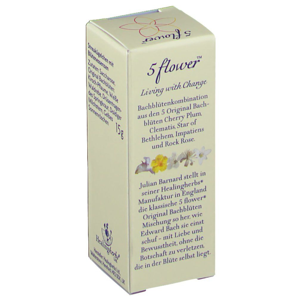 Beige Schachtel mit "5 flower" und "Living with Change". Logo Healingherbs® Ltd. Manufaktur. Bachblüten-Kombination und 15g.