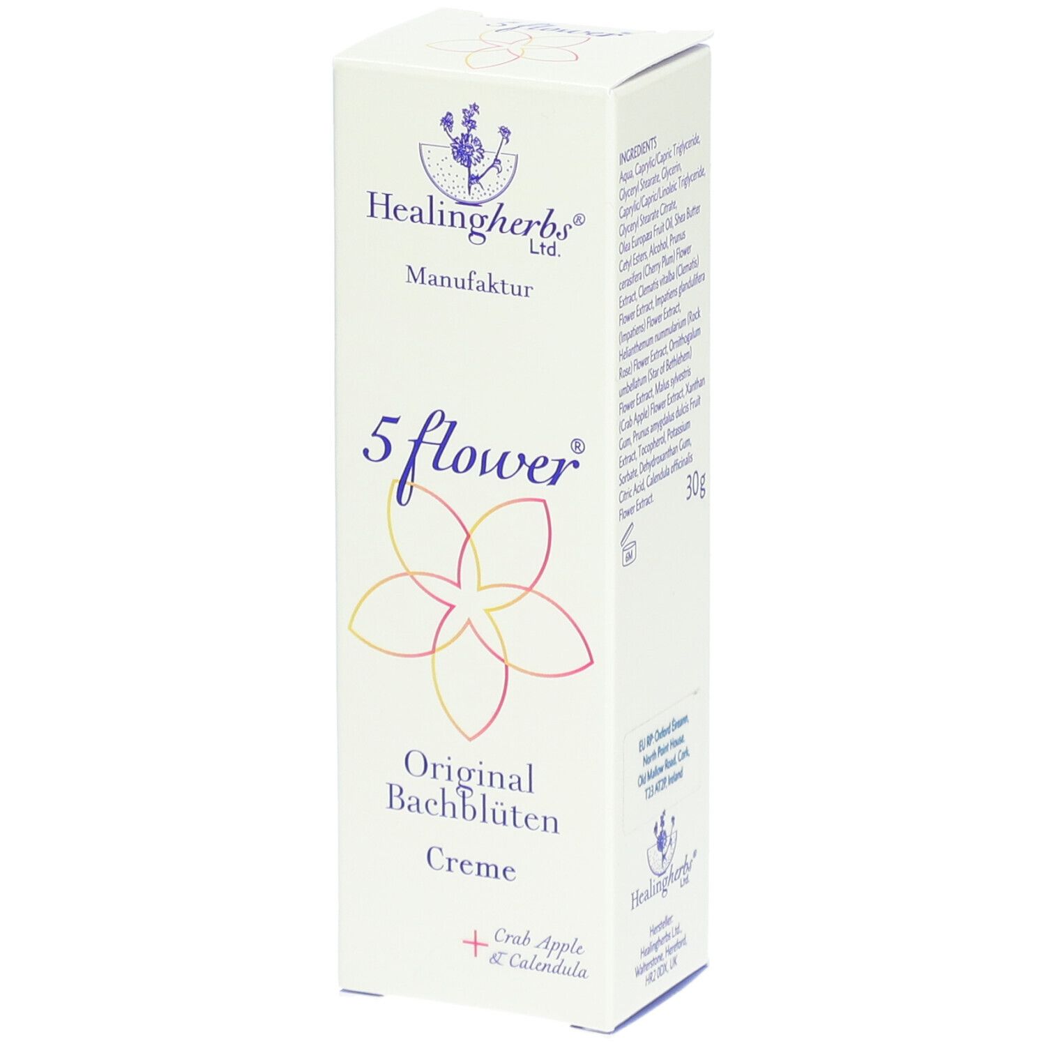 Weißer Karton mit Produktaufdruck. Aufschrift: 5 flower® Original Bachblüten Creme. Logo: Healingherbs Ltd.