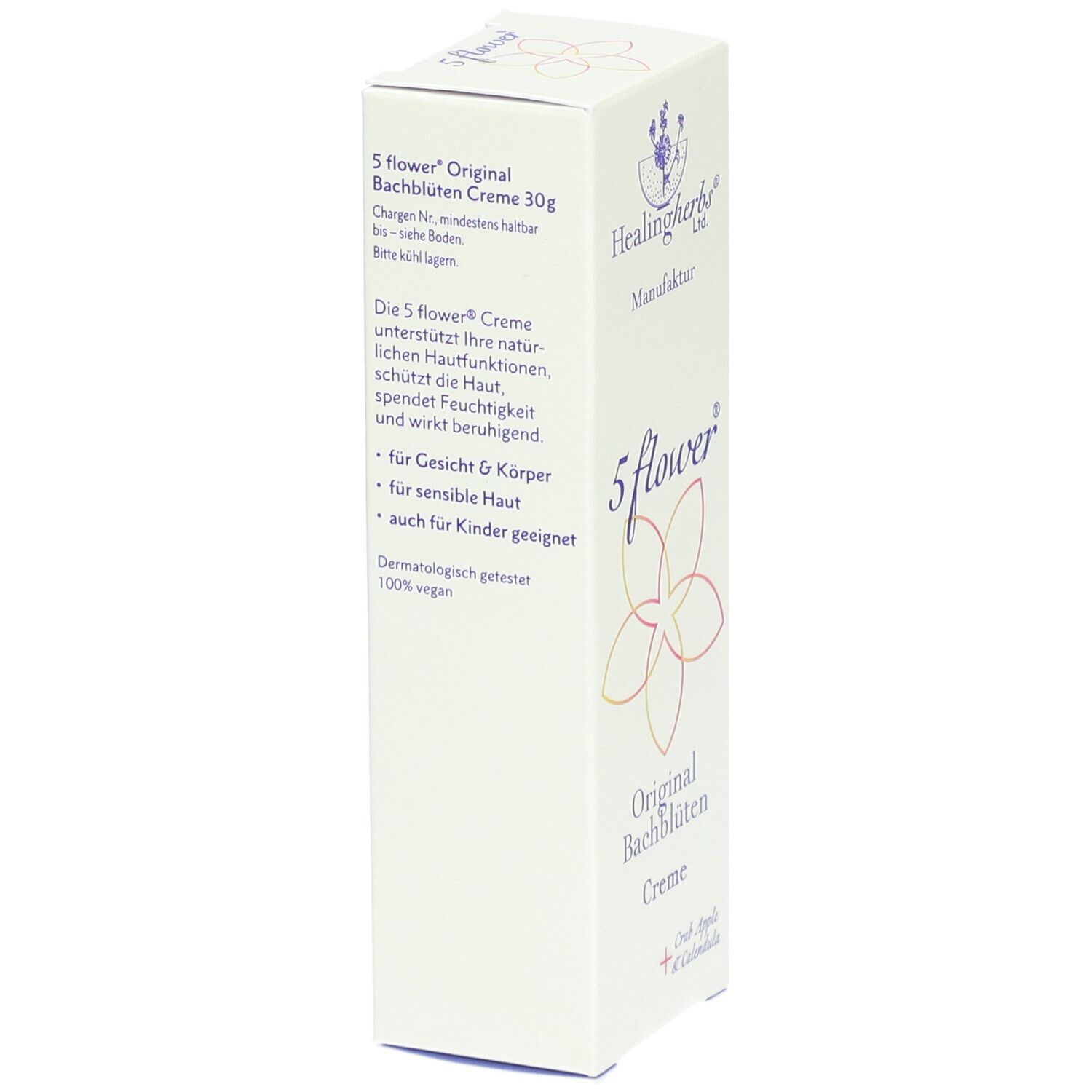 Weißer Karton mit Text. Aufschrift: 5 flower® Original Bachblüten Creme. Text über die Creme. Logo: Healingherbs Ltd.