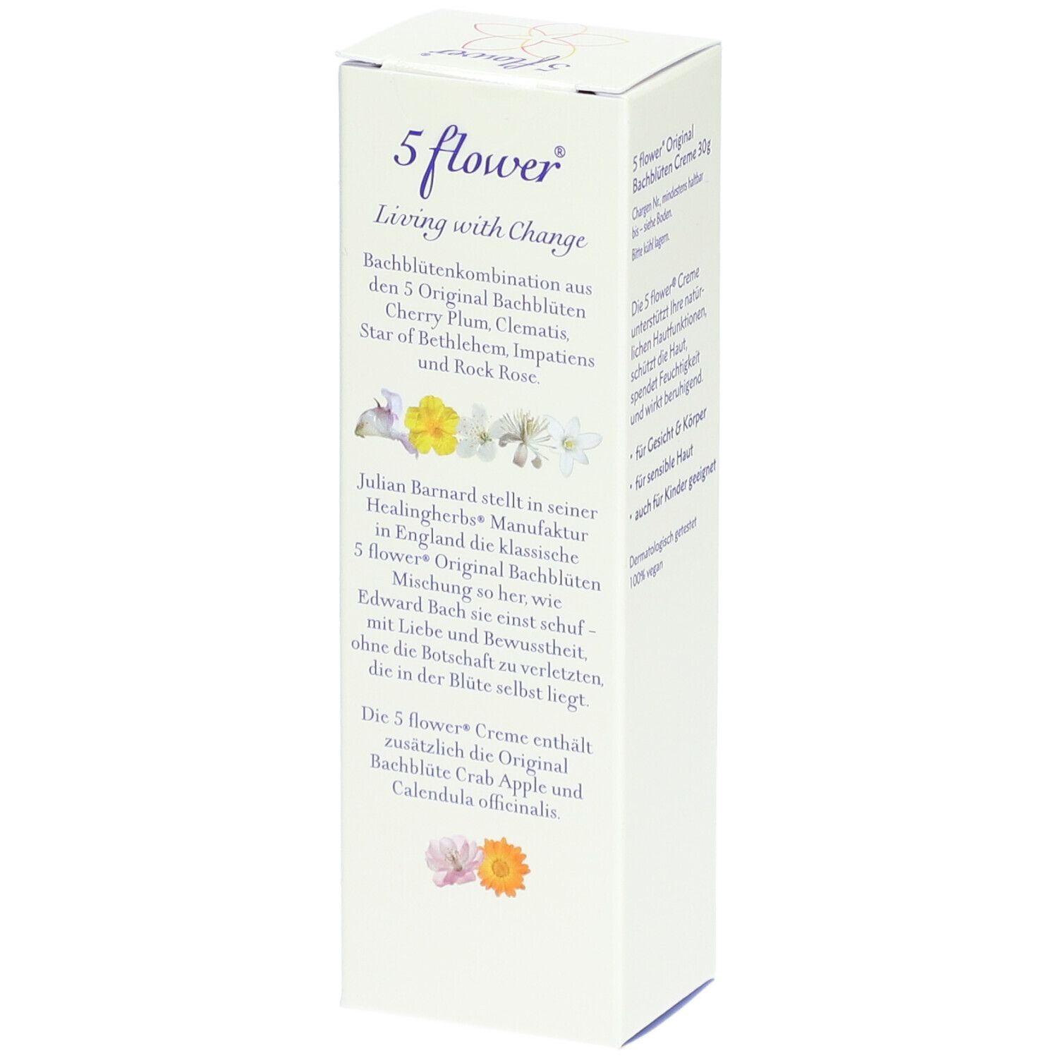 Weißer Karton mit Text. Aufschrift: 5 flower® Living with Change. Text über die Creme. Logo: Healingherbs Ltd.
