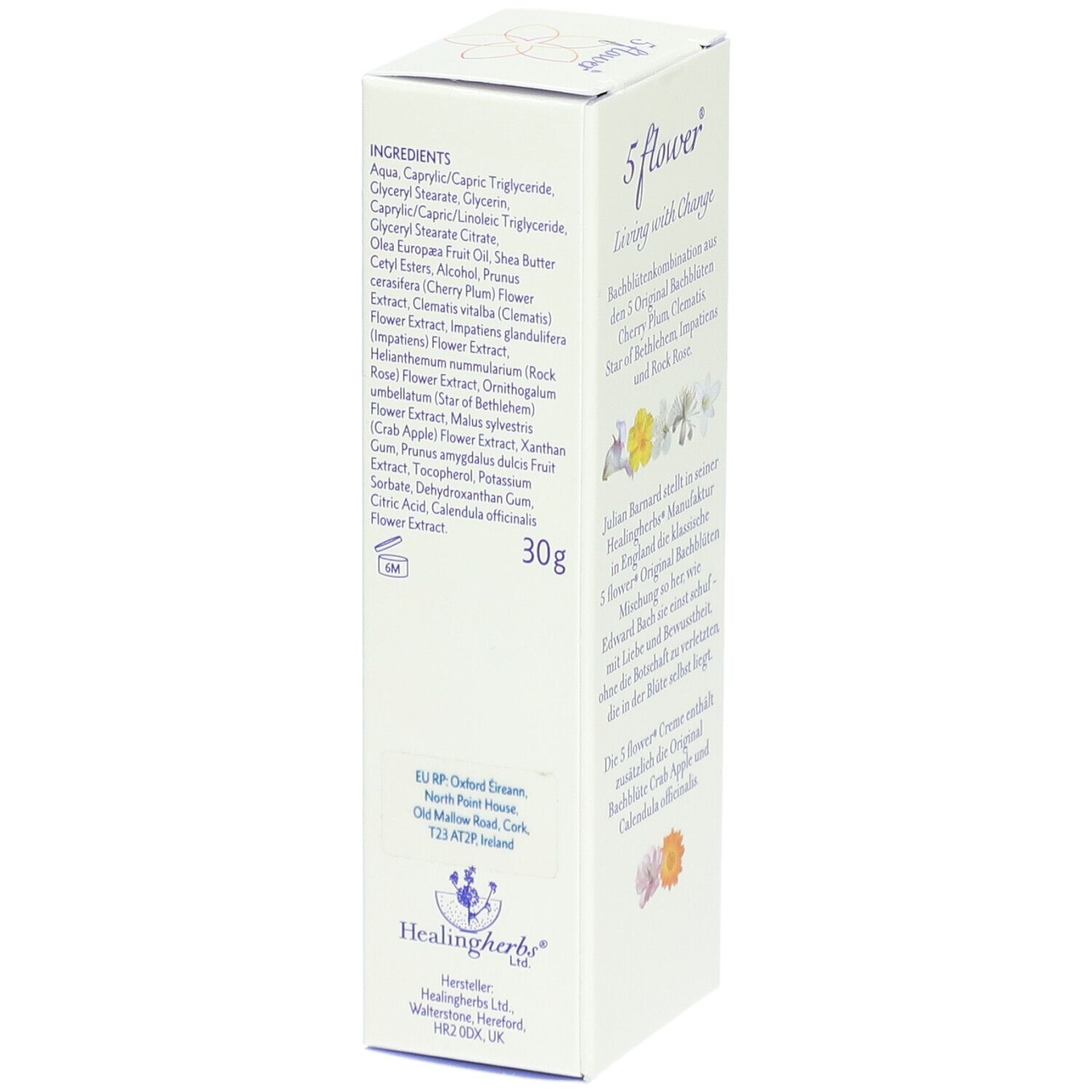 Weißer Karton mit Text. Aufschrift: 5 flower® Living with Change. Zutatenliste und weitere Informationen. Logo: Healingherbs Ltd.