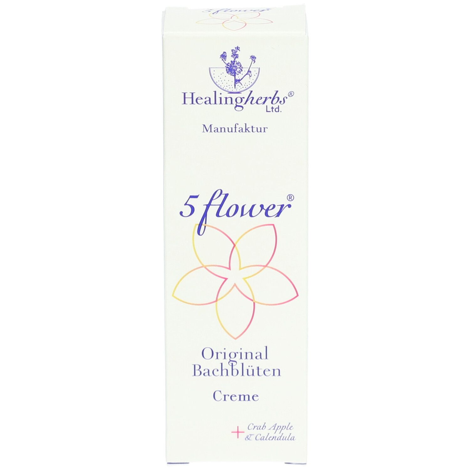 Weißer Karton mit Produktaufdruck. Aufschrift: 5 flower® Original Bachblüten Creme. Logo: Healingherbs Ltd.