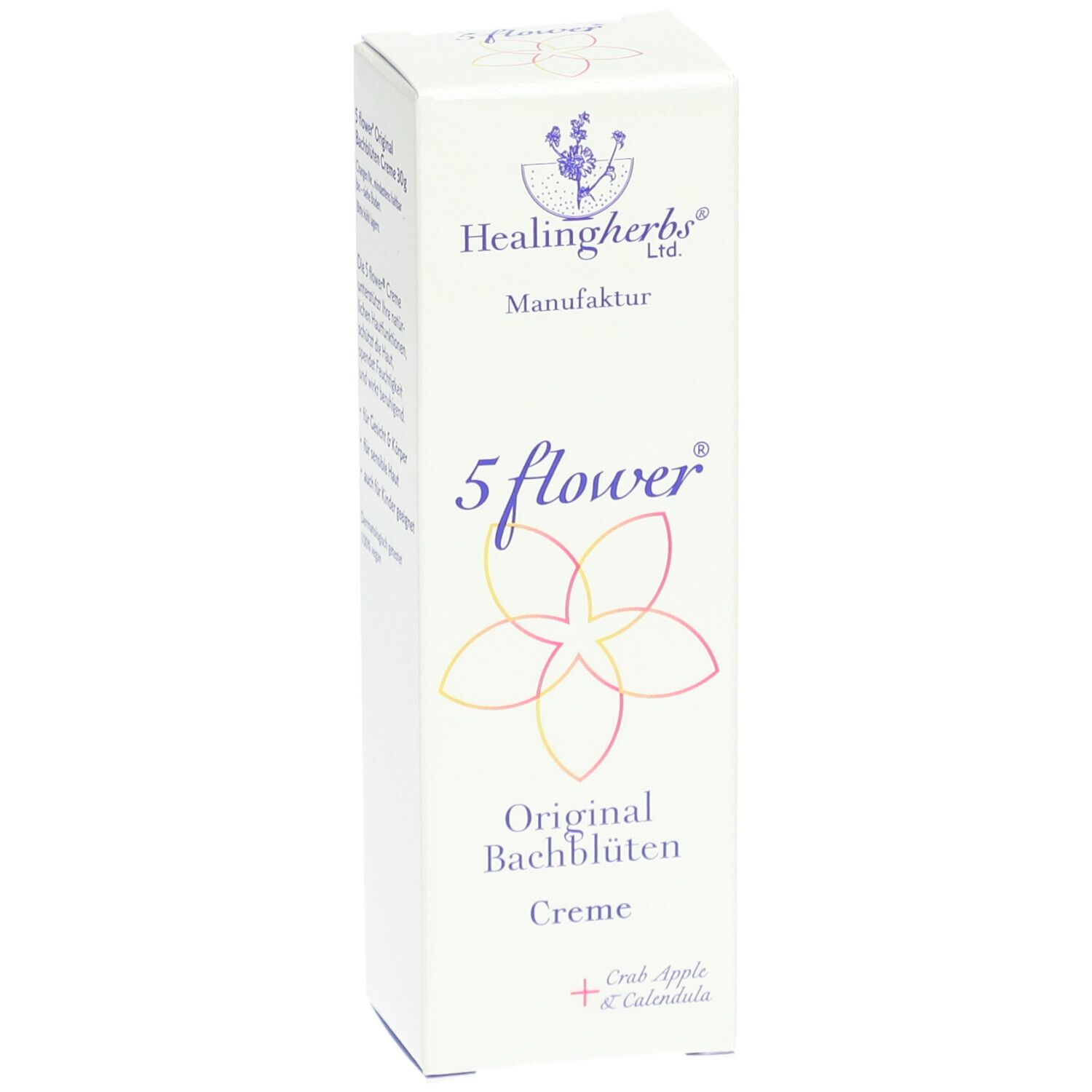 Weißer Karton mit Produktaufdruck. Aufschrift: 5 flower® Original Bachblüten Creme. Logo: Healingherbs Ltd.