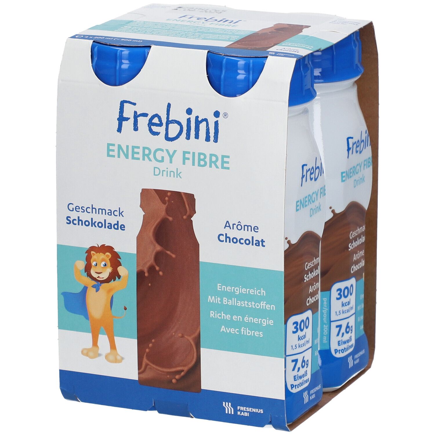 Packung Frebini Energy Fibre Drink Schokolade. Enthält Flaschen mit blauem Deckel. Aufdrucke: Marke, Geschmack, Nährwertangaben.