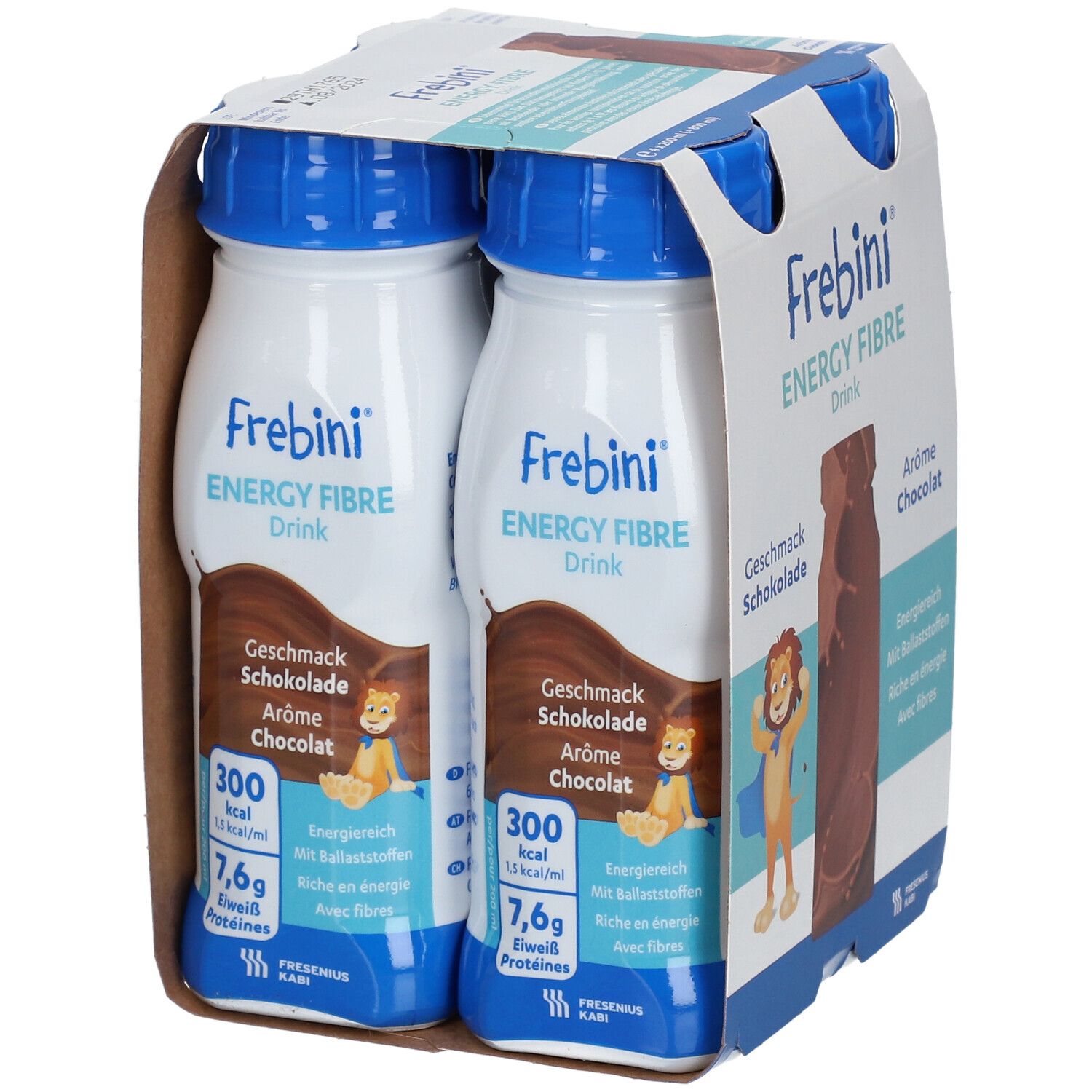 Packung Frebini Energy Fibre Drink Schokolade. Enthält Flaschen mit blauem Deckel. Aufdrucke: Marke, Geschmack, Nährwertangaben.