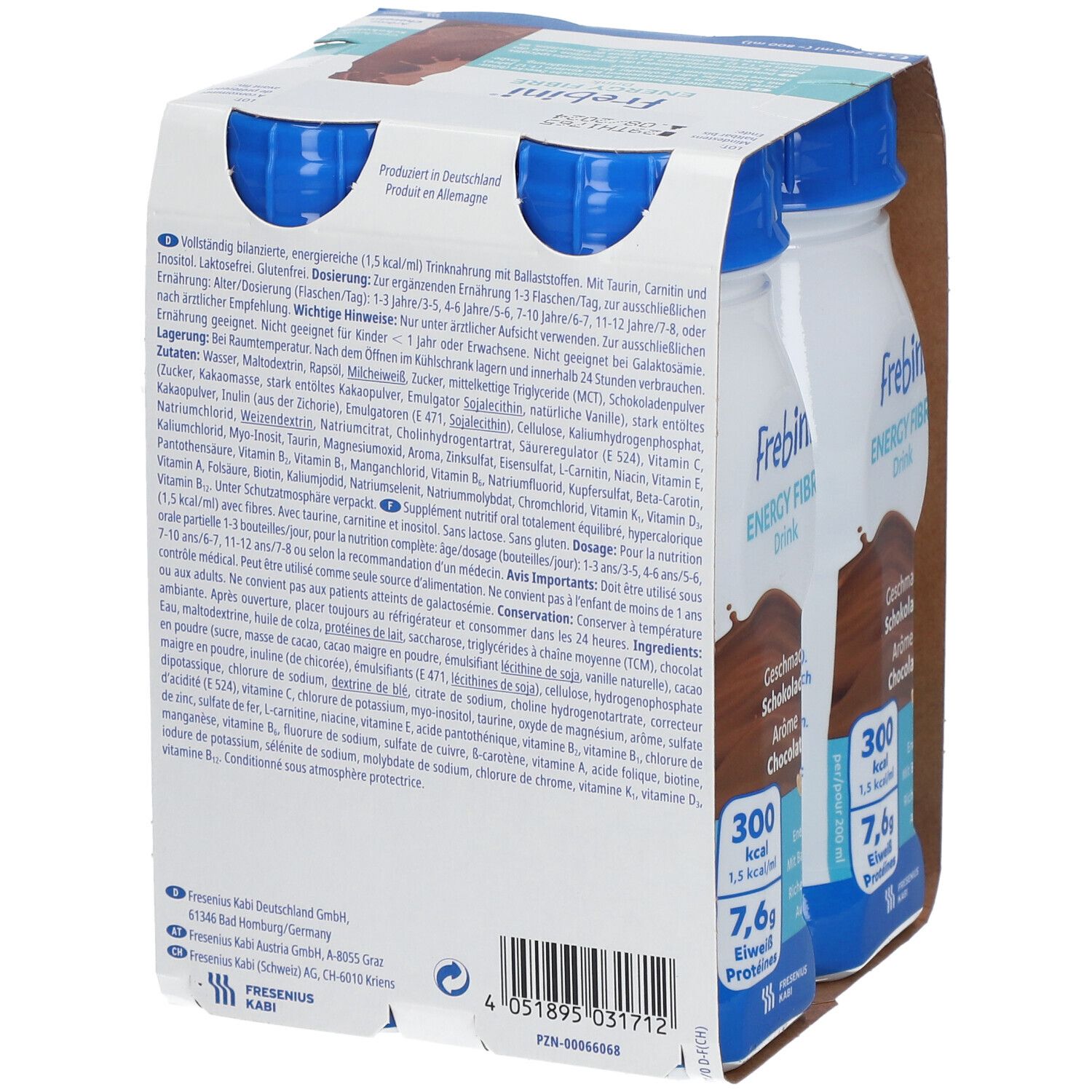 Rückseite der Frebini Energy Fibre Drink Schokolade Packung. Enthält Informationen zu Inhaltsstoffen, Nährwerten und Hersteller.
