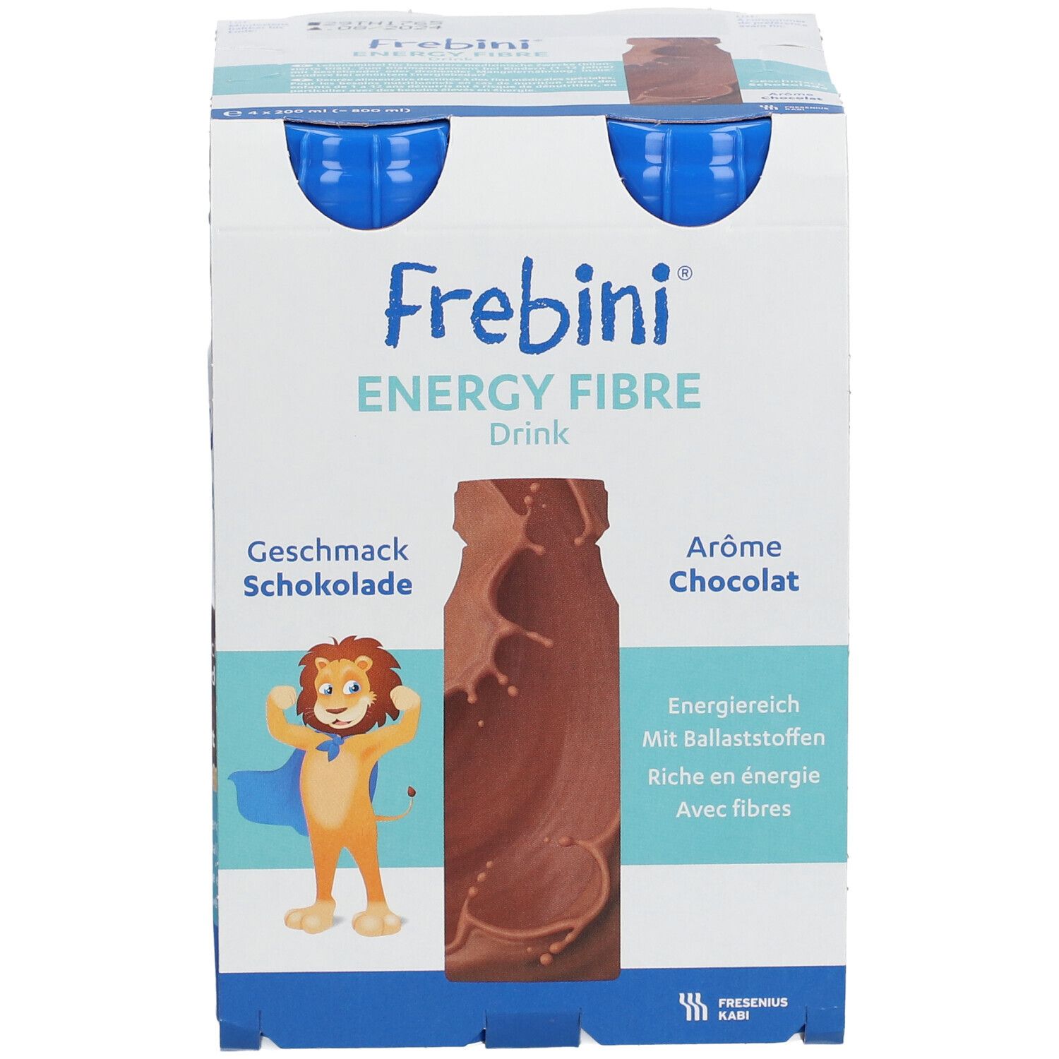 Frebini Energy Fibre Drink Schokolade. Flasche mit blauem Deckel. Aufdrucke: Marke, Geschmack, Nährwertangaben. Abbildung einer Schokoladenwelle.