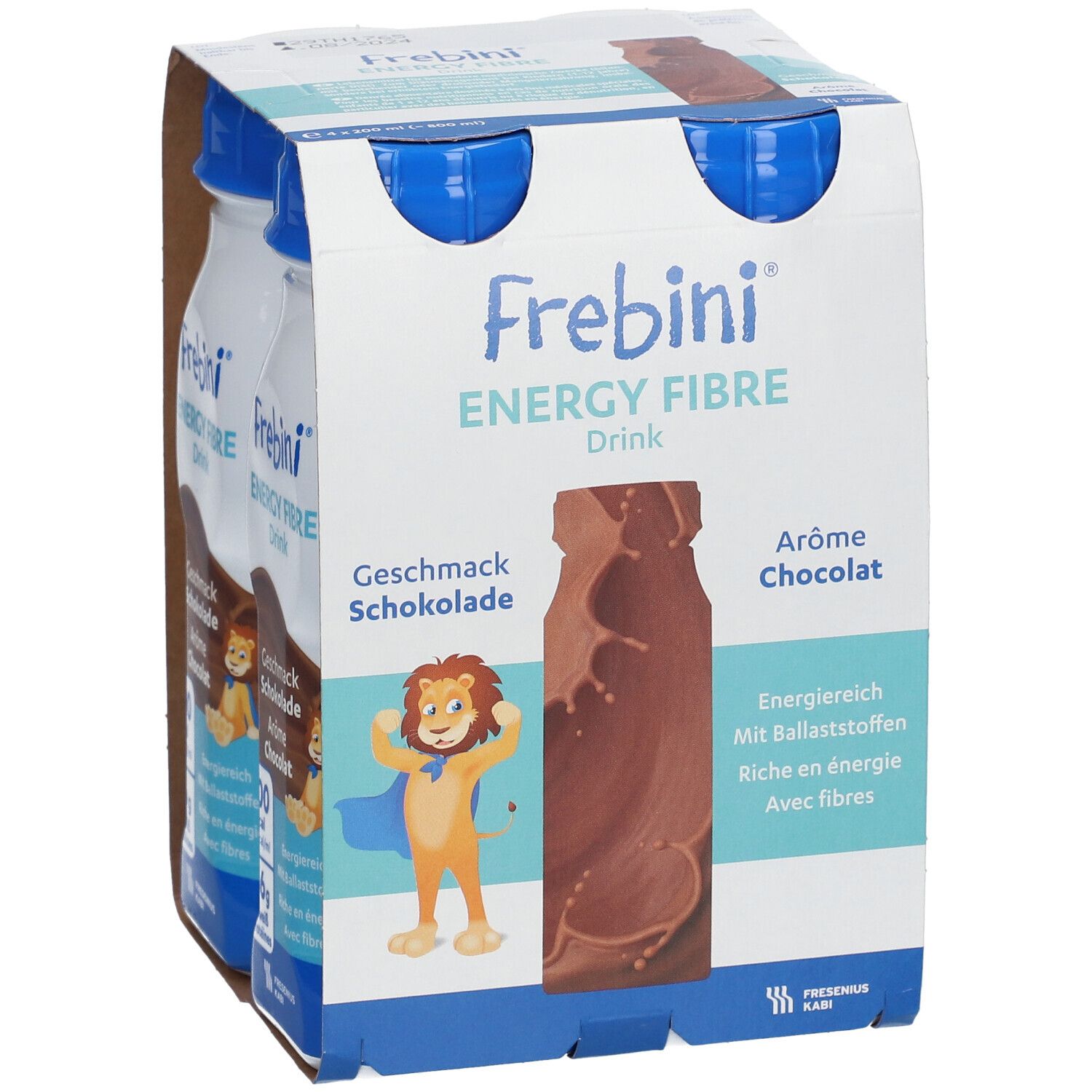 Packung Frebini Energy Fibre Drink Schokolade. Enthält Flaschen mit blauem Deckel. Aufdrucke: Marke, Geschmack, Nährwertangaben.